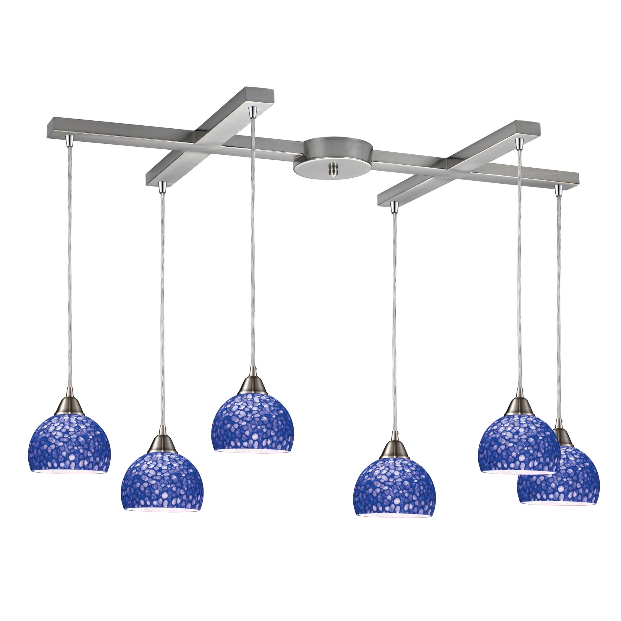 CIRA 6-Light H-Bar Pendant Light Fixture in Satin Nickel with Pebbled Blue Glass Shades - Modern Dining Room & Kitchen Island Lighting