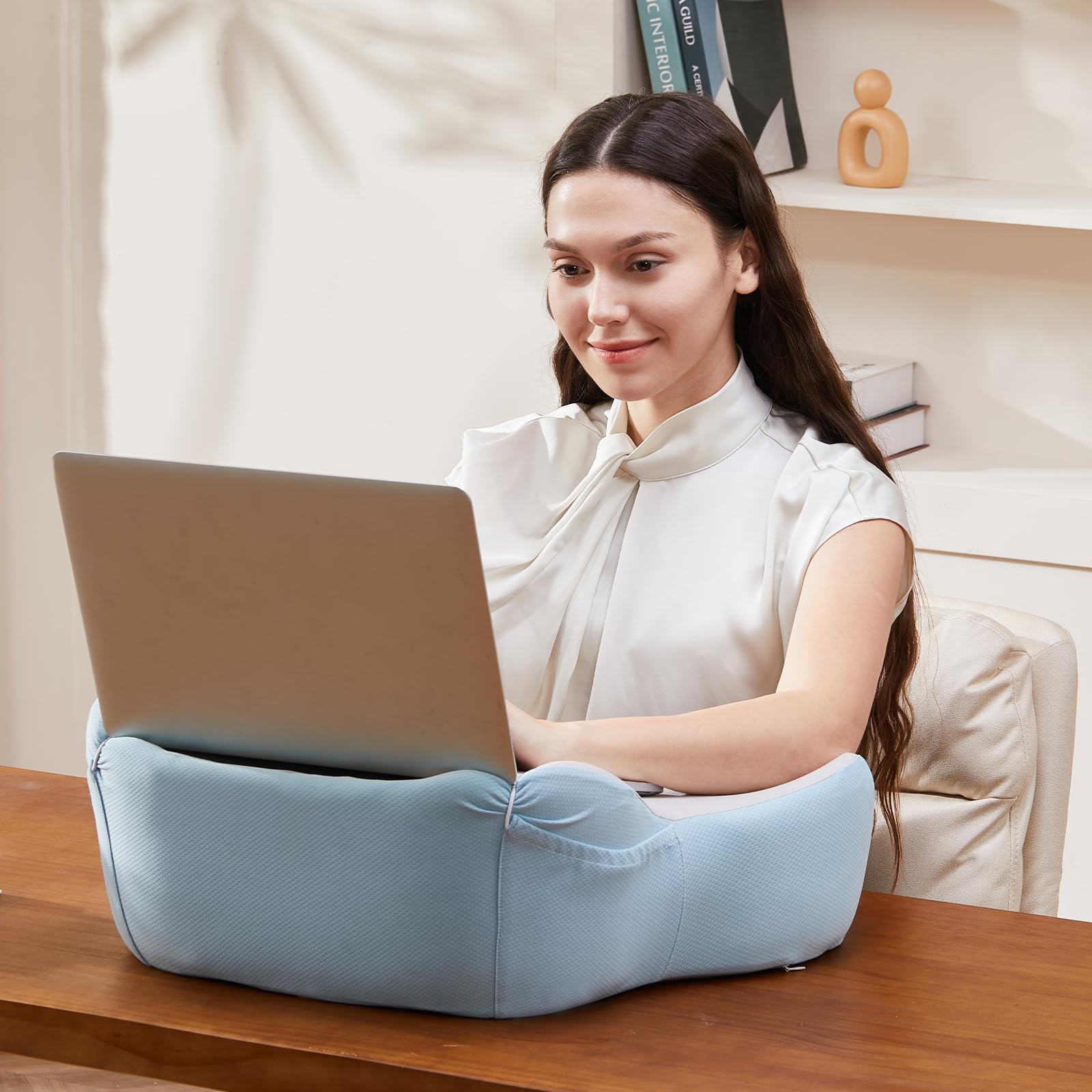 **Memory Foam Reading Pillow with Lap Desk - Adjustable Laptop Stand for Bed, Couch & Floor - Ergonomic Arm Rest Support for Working, Gaming & Studying - Blue-Grey (Home Office & Dorm Essential)**