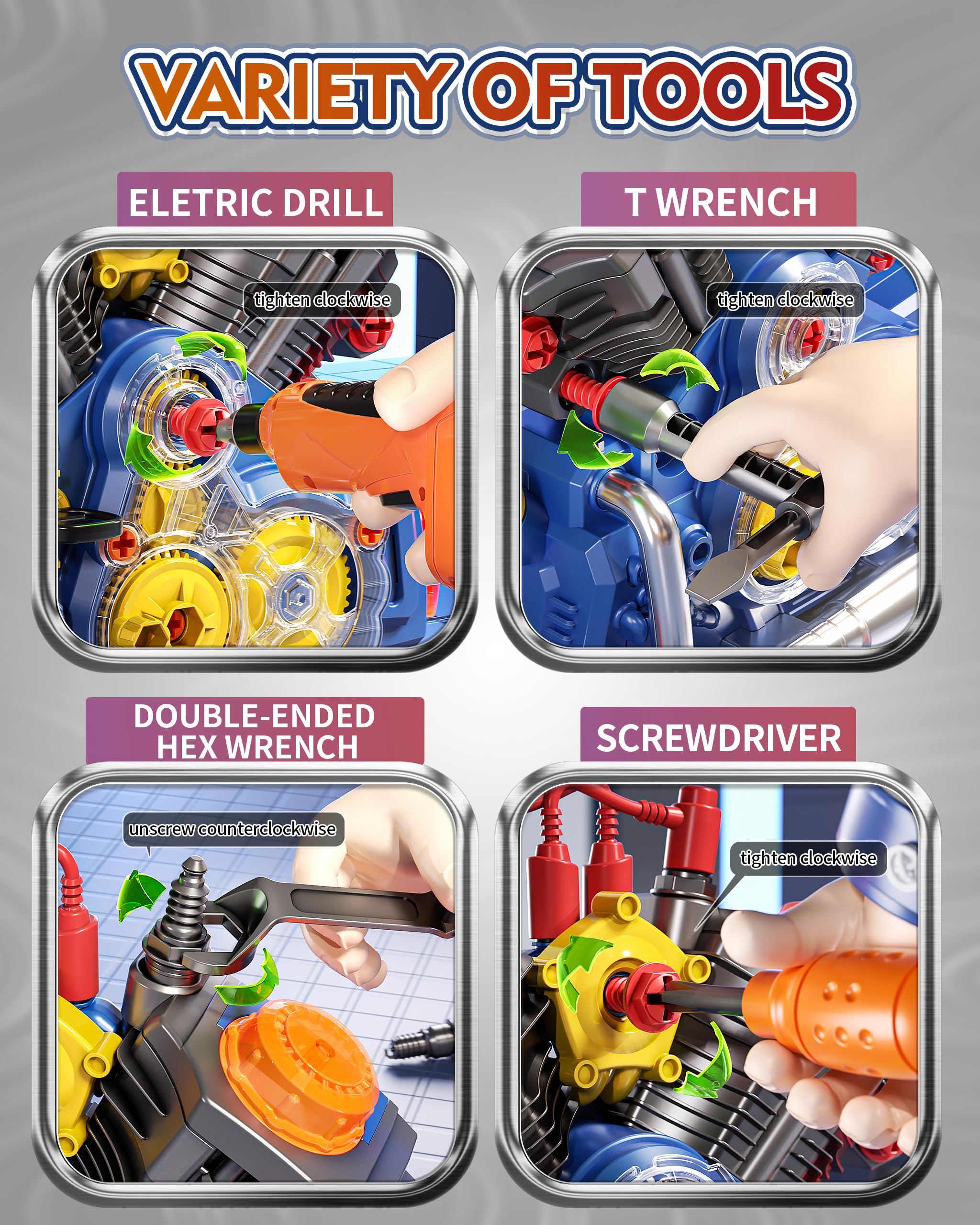 STEM Motorcycle Engine Building Kit for Kids - Educational Mechanic Toy with Cool Light & Sound, Science Model Kit for Boys & Girls Ages 3+ - Perfect for STEM Learning, Birthday Gifts & Pretend Play (Blue)