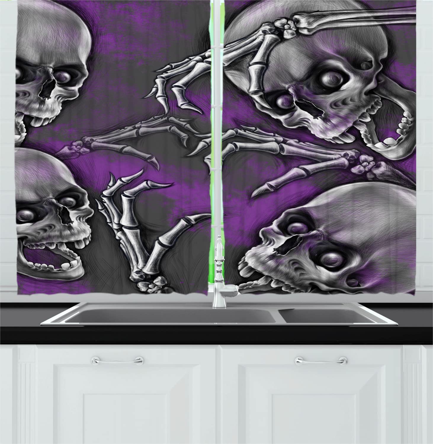 Ambesonne Skull Print Kitchen Curtains - Gothic Skeleton Design with Bone Hand Art, 2 Panels Rod Pocket Drapes, 55 x 45 Inches, Purple Grey & Black - Perfect for Halloween Decor, Horror Theme Bedroom, or Gothic Living Room Window Treatments