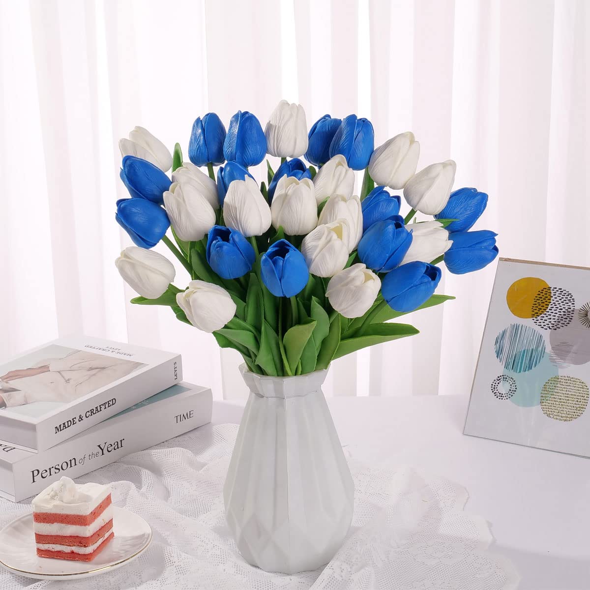 Premium Real Touch PU Artificial Tulips - 30pcs Blue & White Fake Flowers Bouquet for Home Decor, Wedding Centerpieces, Office Arrangements & Party Decorations - Lifelike Floral Decor for Tables, Vases & Event Styling