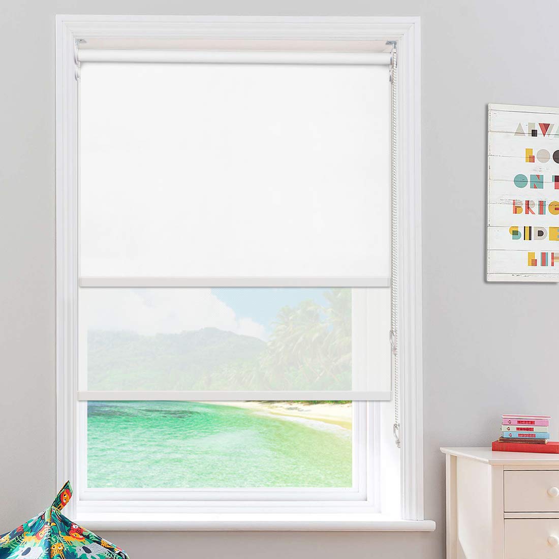 Keego Blackout Roller Shades for Windows - Dual Layer Sheer & Blackout Window Blinds - White 100% Blackout & 50% Light Filtering - 33