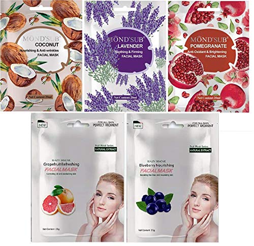 MOND'SUB Natural Daily Glow Fruit Sheet Mask Combo - Hydrating & Brightening Facial Mask Set (Pack of 5) for Glowing Skin | Perfect for Spa Night, Self-Care Routine & Travel Skincare