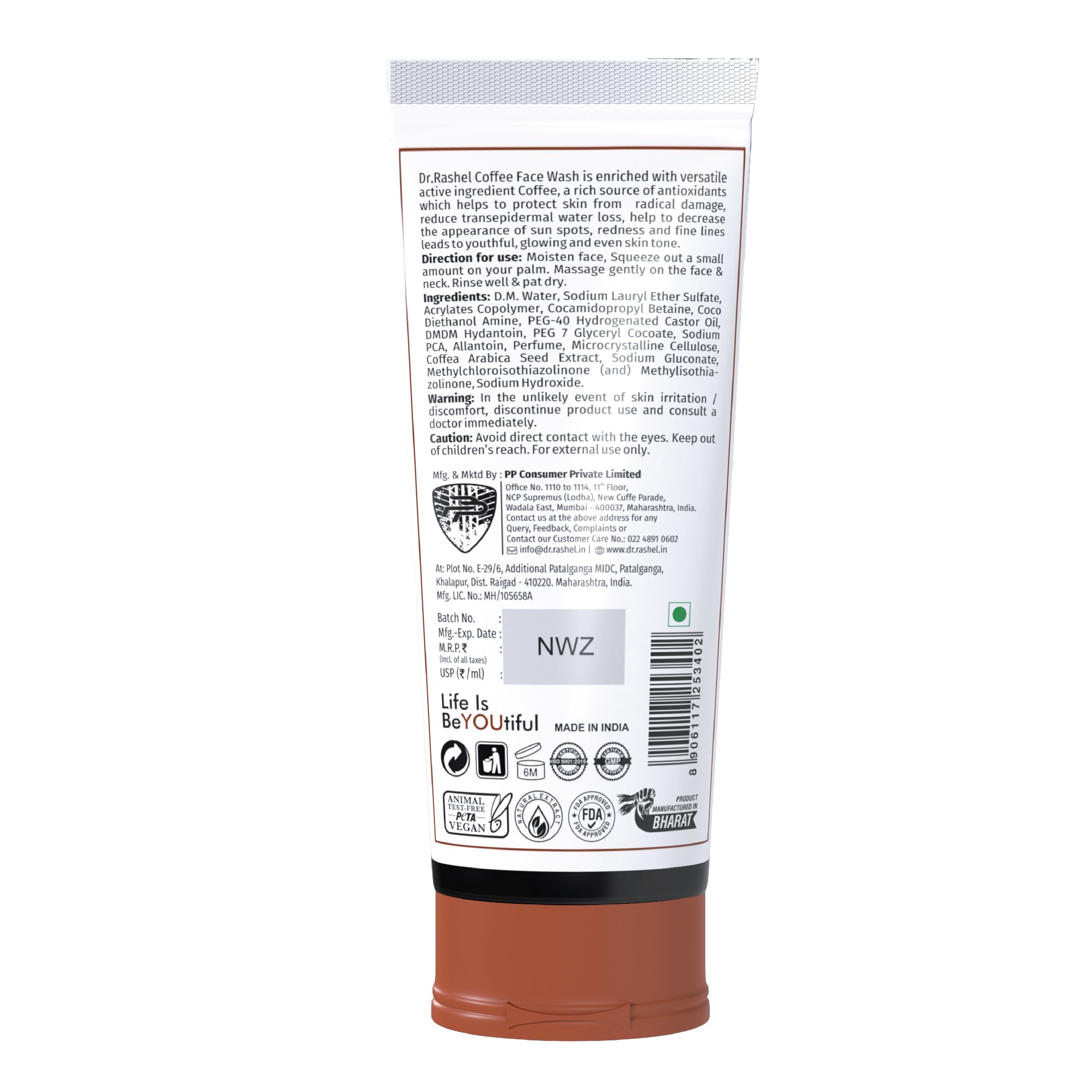 DR.RASHEL Coffee Face Wash for Men & Women - Deep Cleansing & Purifying with Crushed Coffee Beans & Natural Ingredients, Suitable for Oily to Normal Skin (100ml) | Perfect for Morning Skincare Routine & Acne-Prone Skin