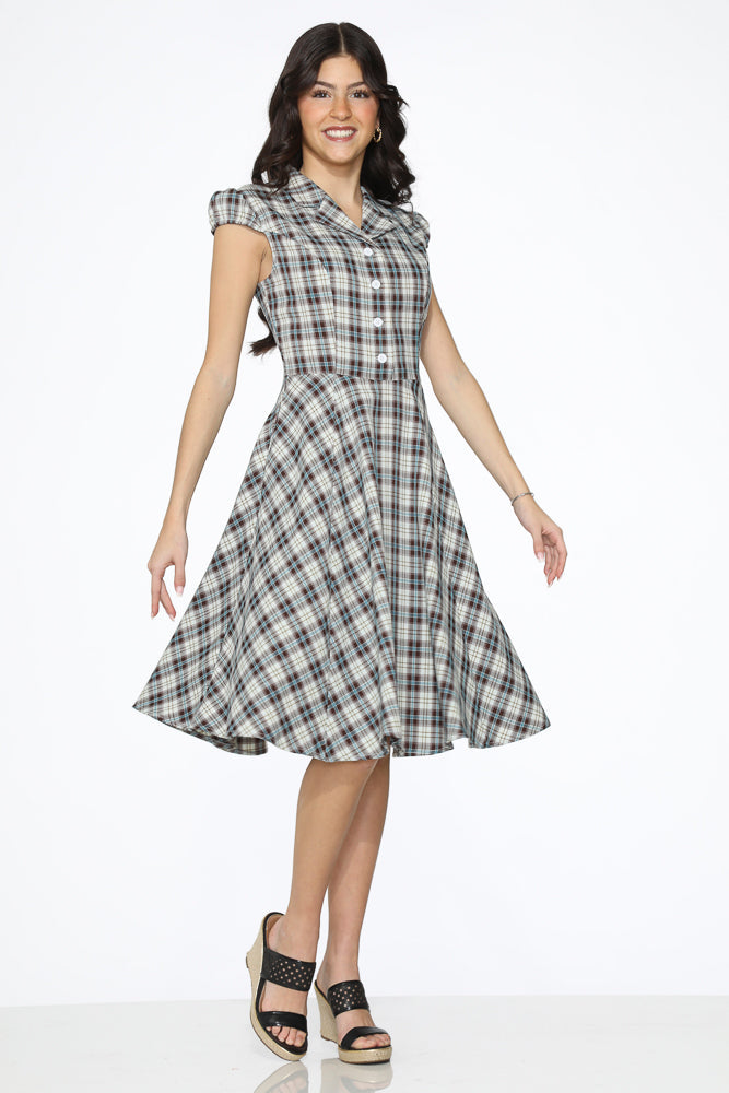 Brown & Blue Plaid Swing Dress for Women - Vintage Floral Print A-Line Dress with Pockets - Perfect for Casual Outings, Parties & Date Nights