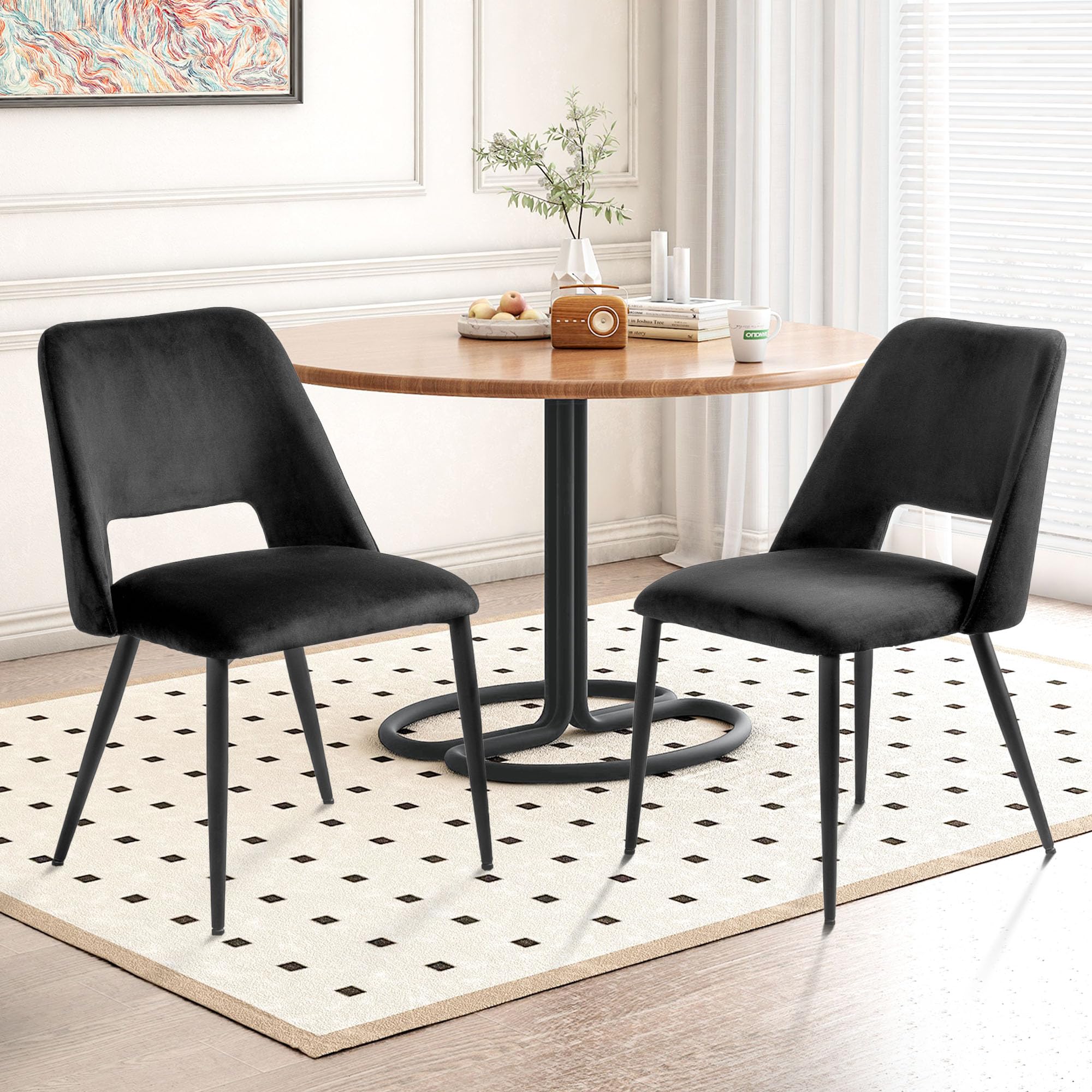 Modern Velvet Dining Chairs Set of 2 - Thick Cushioned Kitchen & Dining Room Chairs with Sturdy Metal Legs - Elegant Black Upholstered Seating for Home, Restaurant or Office Use