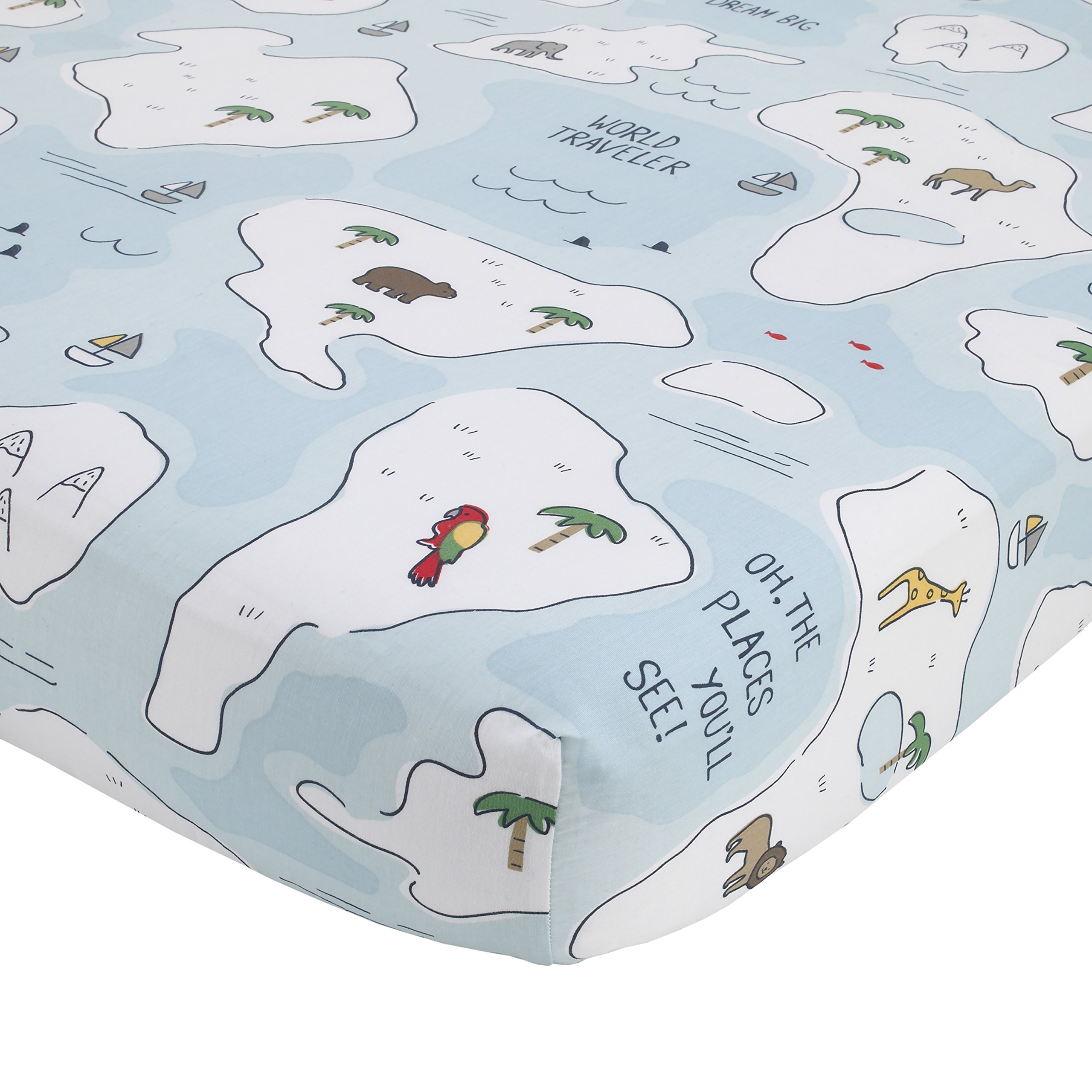 NOJO Dreamer Little Explorer World Map 8-Piece Crib Bedding Set - Navy Blue, Light Blue & White - Soft Baby Nursery Bedding for Boys & Girls - Perfect for Adventure-Themed Nurseries & Travel-Inspired Decor