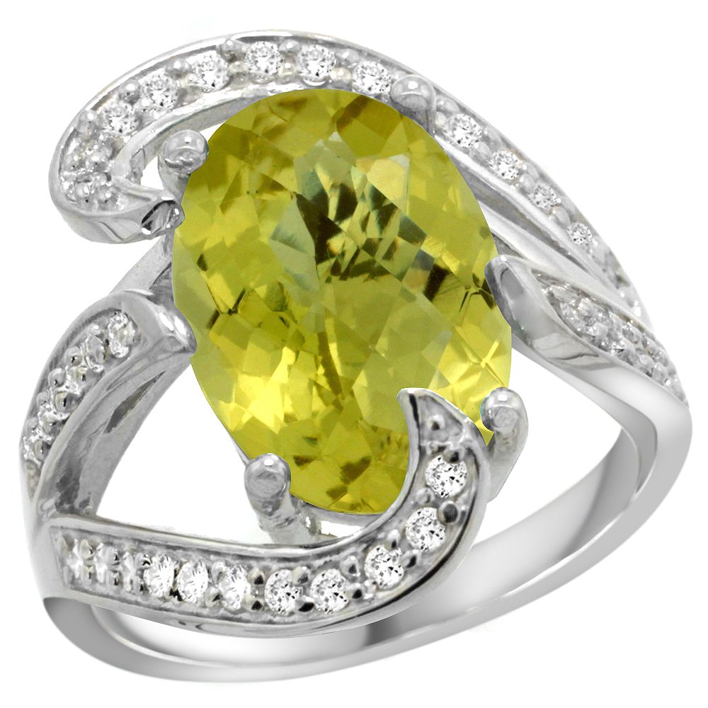 14k White Gold Natural Lemon Quartz Ring with Oval 14x10mm Stone & Diamond Accents - 3/4 Inch Wide, Sizes 5-10 - Elegant Jewelry for Weddings, Anniversaries & Special Occasions