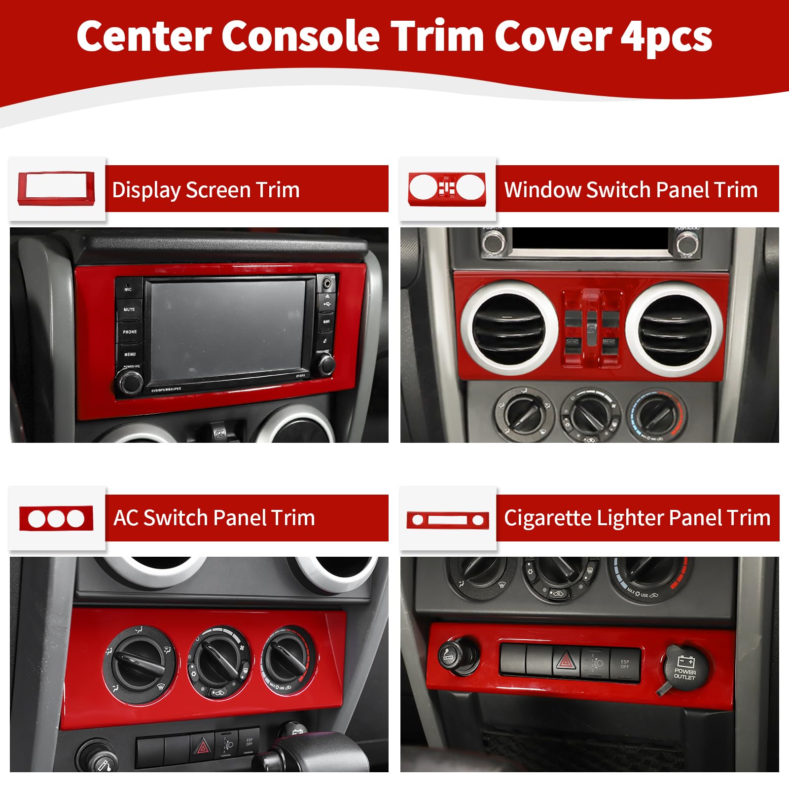 Red RT-TCZ Dashboard Center Console Control Panel Trim Cover for Jeep Wrangler JK JKU (2007-2010) - Interior Accessories Set of 4pcs - Upgrade Your Ride for Off-Road Adventures & Daily Commuting