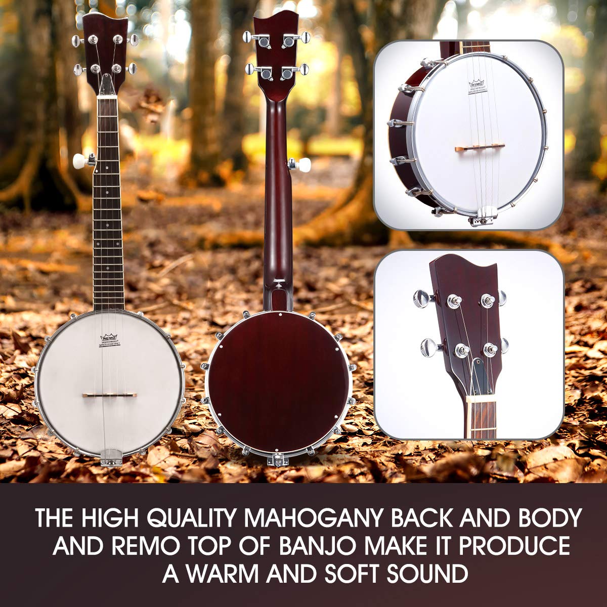 26 Inch Tenor Size Mini Banjo for Beginners & Professionals - 5 Strings with Bag, Strap, Strings, Tuner, Picks, 20 Frets & 12 Brackets - Perfect for Bluegrass, Folk Music & Travel Performances