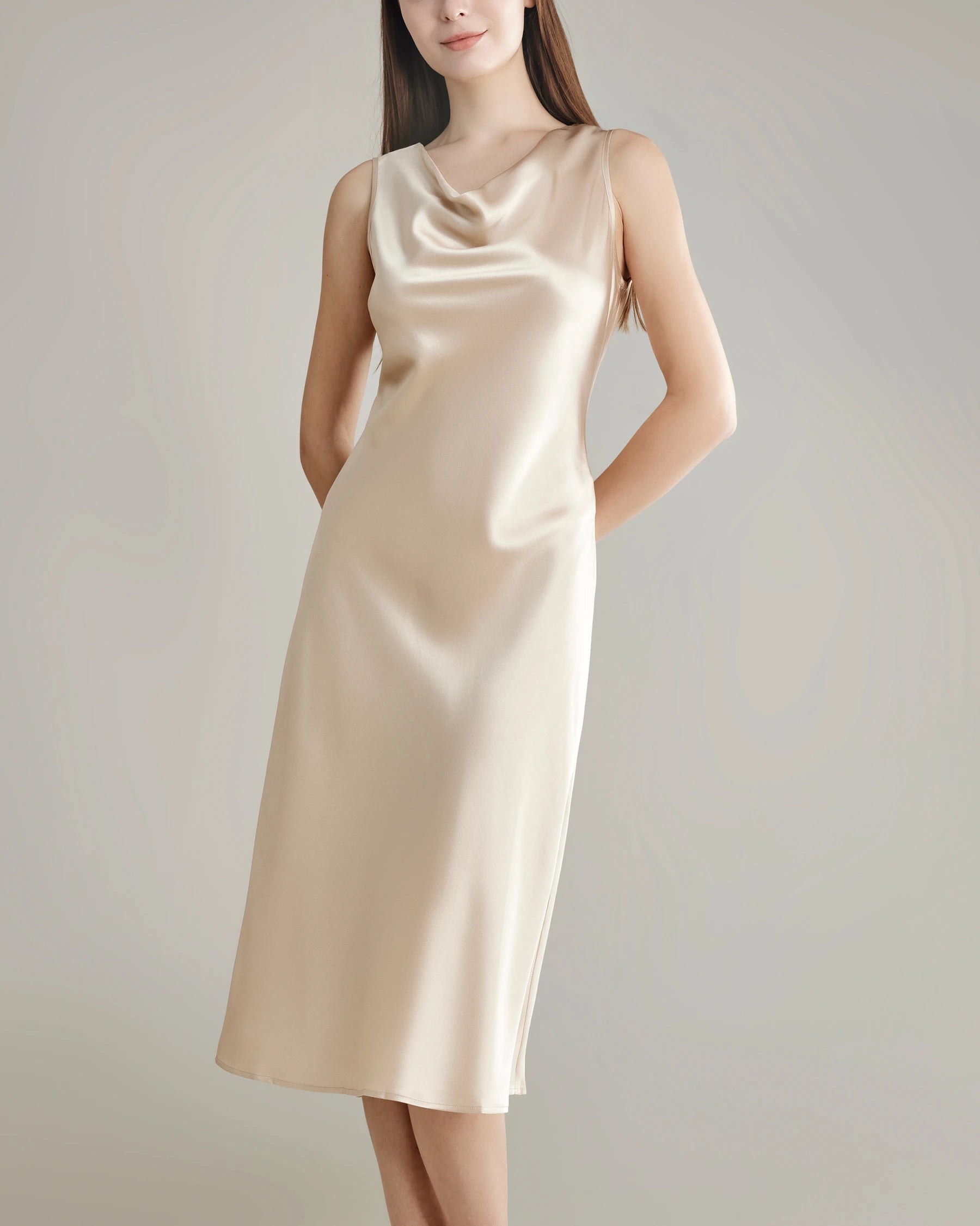 Elegant Silk Dresses with Asymmetrical Cowl Neck - Women's Flowy Summer Dress for Party, Wedding & Special Occasions