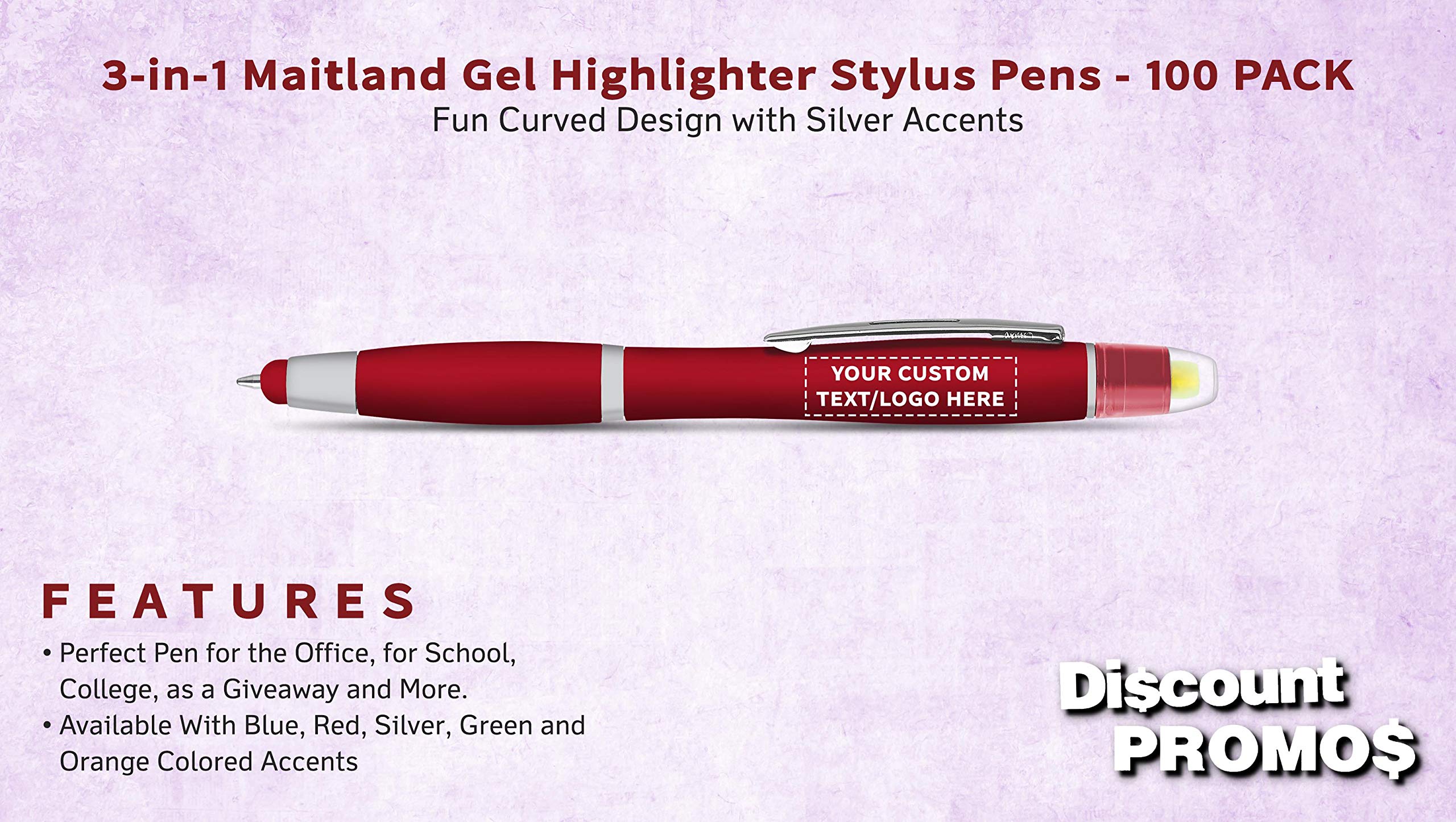Custom Maitland Gel Highlighter Stylus Pens - 100 Pack Bulk - Smooth Writing, Personalized with Text/Logo - Ideal for Office, School & Note-Taking (Red)