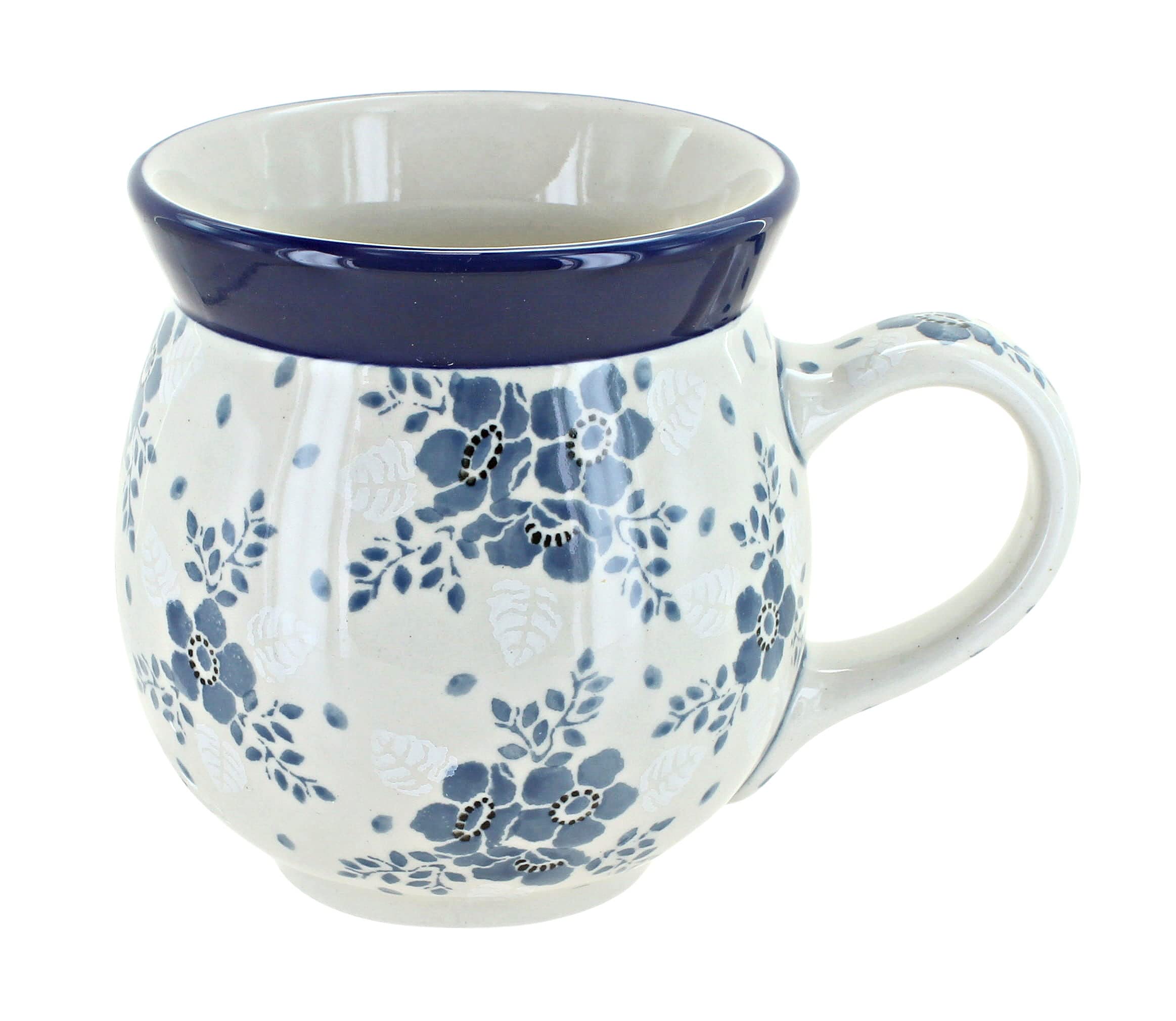Handmade Blue Rose Polish Pottery Mug - Blue Fleur Design Bubble Tea Cup - Perfect for Coffee, Tea & Hot Chocolate at Home or Office