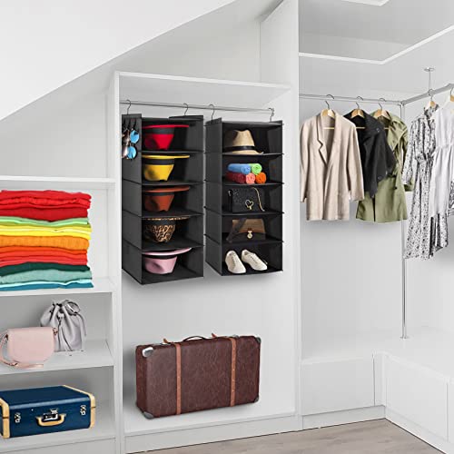 2-Pack Black Hat Rack for Closet - 10-Shelf Hanging Organizer for Fedoras, Cowboy Hats & Wide Brim Sunhats - Space-Saving Cap Storage Solution - Easy to Install (Perfect for Bedroom, Walk-in Closet & Entryway Organization)