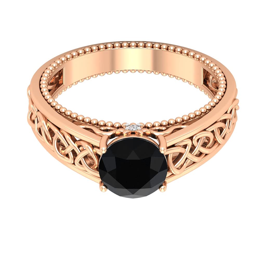 1.25 CT Black Spinel & Diamond Engagement Ring - 7MM Round Cut Solitaire Ring in 14K Solid Gold for Women | Celtic Wedding Band, Anniversary Gift, Promise Ring