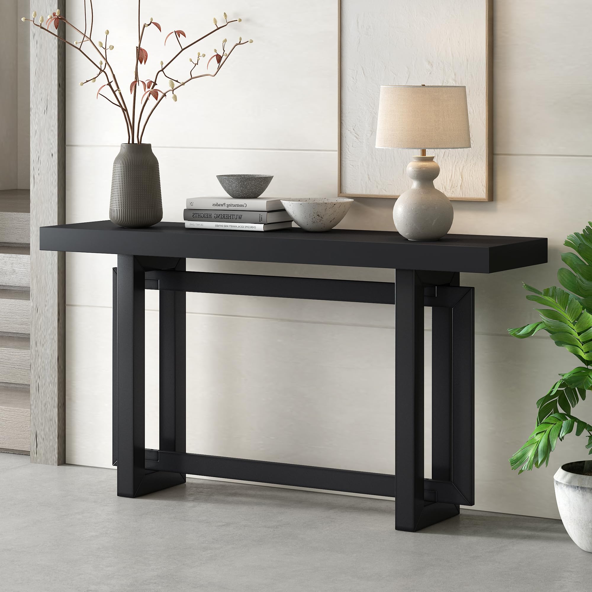 JULYFOX 59 Inch Long Sofa Console Table - Solid Hardwood Entryway Table, Modern Black Hallway Table with Industrial Minimalist Design - Perfect for Living Room, Bedroom, or Entryway Decor (Black)