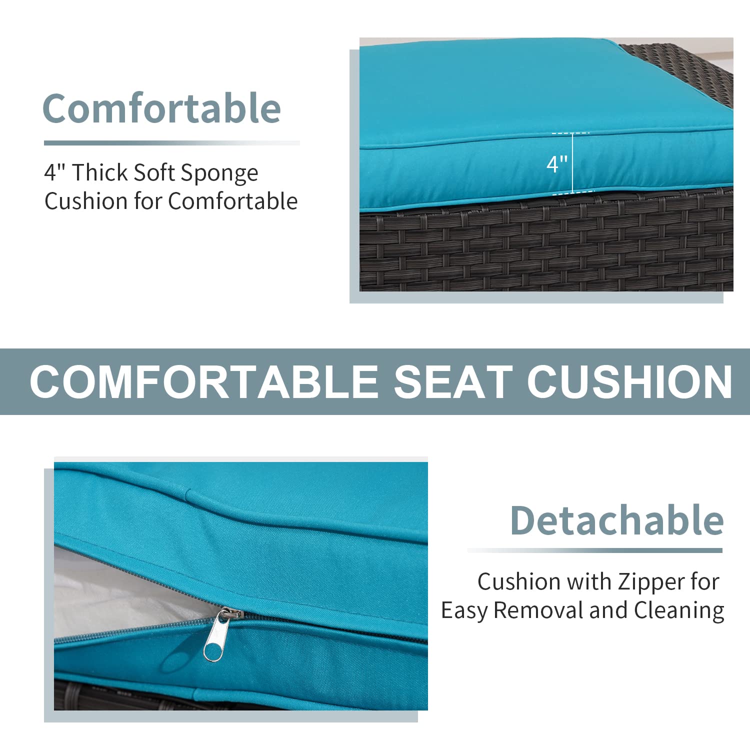 Stamo 3-Piece Outdoor Patio Ottoman Set with Glass Table - All-Weather Rattan Wicker Footstool with Removable Cushions (Blue & Charcoal) - Perfect for Poolside, Garden, or Deck Relaxation