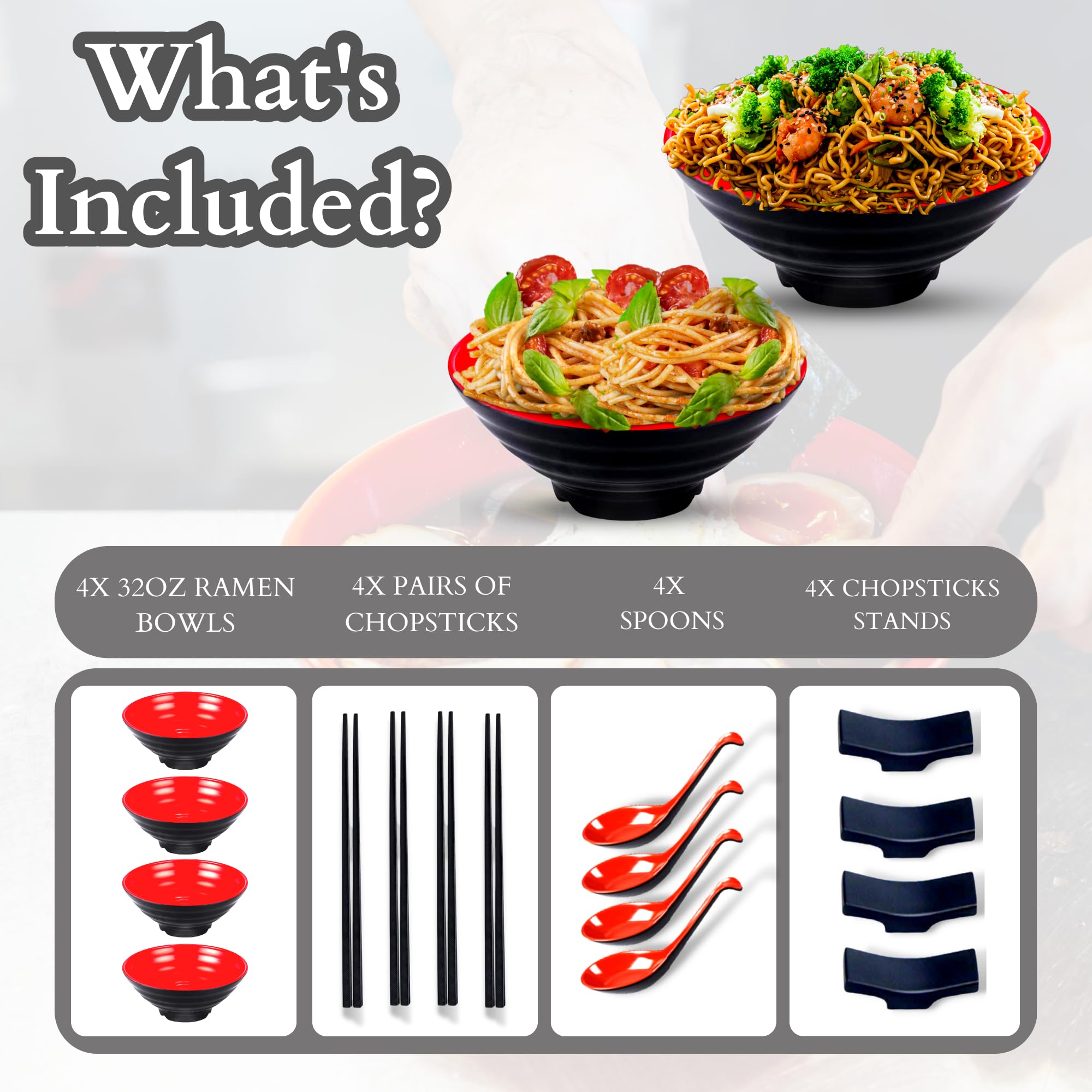 4-Piece Large Melamine Ramen Bowl Set - 32oz Japanese Noodle Bowls with Spoons & Chopsticks for Pho, Rice, Salad & Soup - Perfect for Asian Cuisine, Home Dining & Restaurant Use