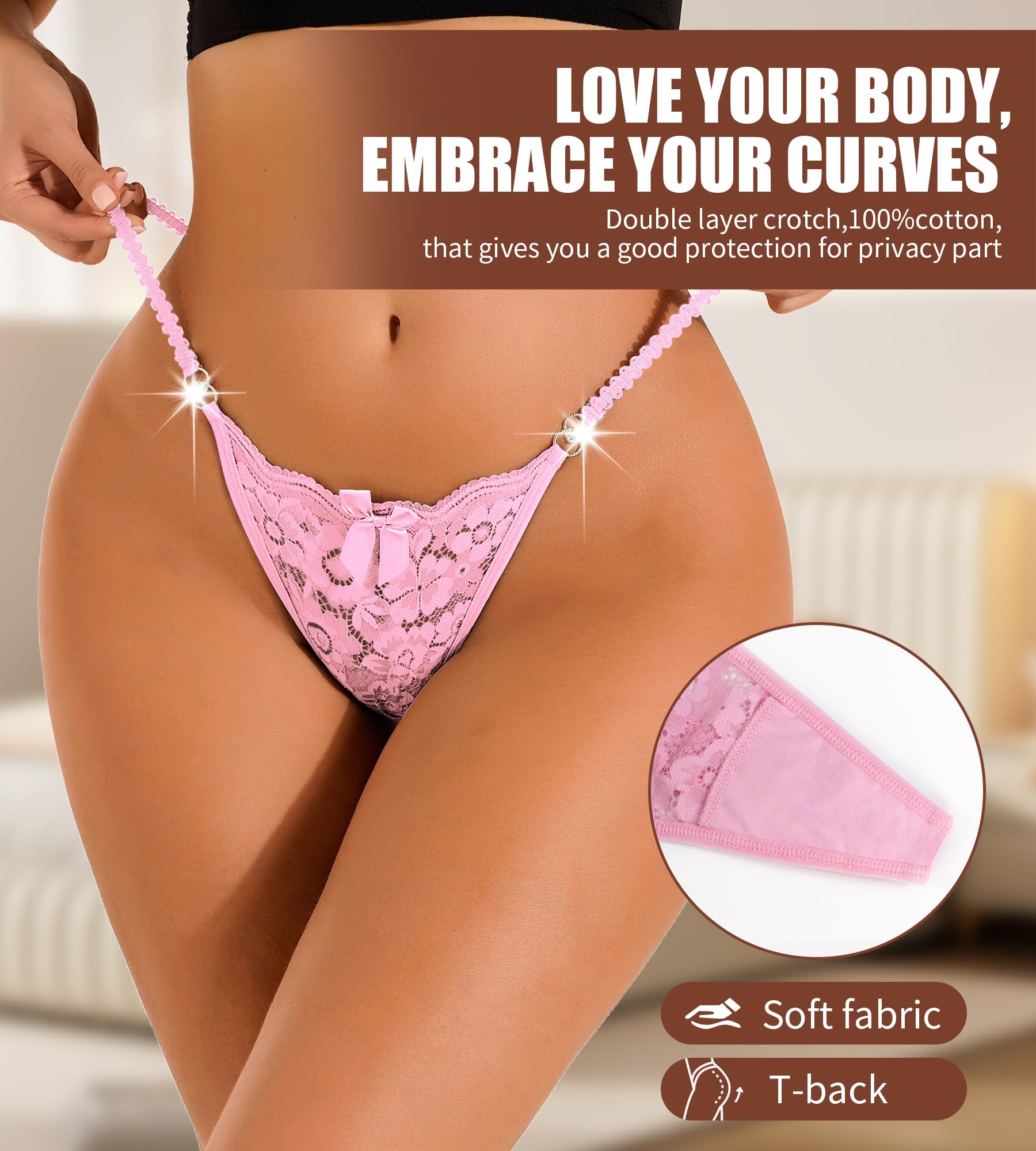 4 Pack Women's G-String Thong Underwear - Lace T-Back Low Rise Cheeky Panties with Floral Hollow Out Design, Breathable & Sexy for Daily Wear, Date Night, Lingerie Gift