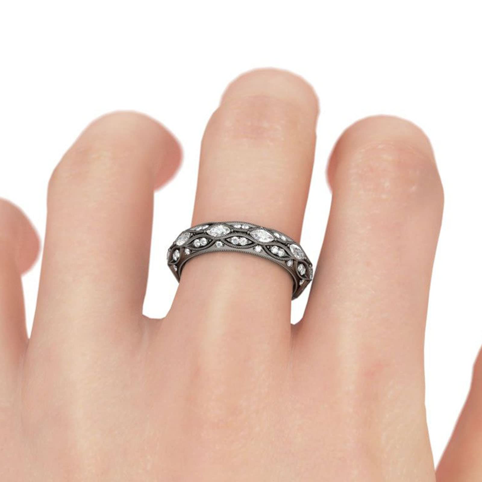 Jeulia Black Sterling Silver Men's Wedding Band Ring with Marquise Cut Diamond & Cubic Zirconia - Gothic Style Engagement, Anniversary Jewelry for Women - Perfect for Proposals, Weddings & Special Occasions - Includes Gift Box