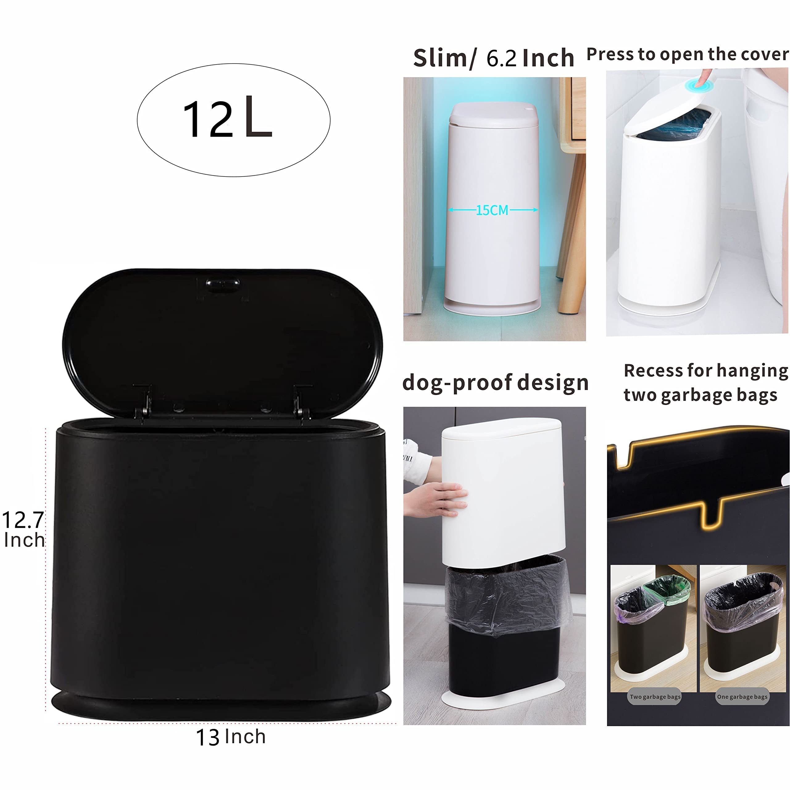 12L Press-Top Plastic Trash Can - 3.17 Gallon Narrow Bathroom Garbage Bin with Lid, Dog-Proof Design for Bedroom, Kitchen, Office & Dorm - Ideal for Small Spaces & Pet Owners (Black, Pack of 1)