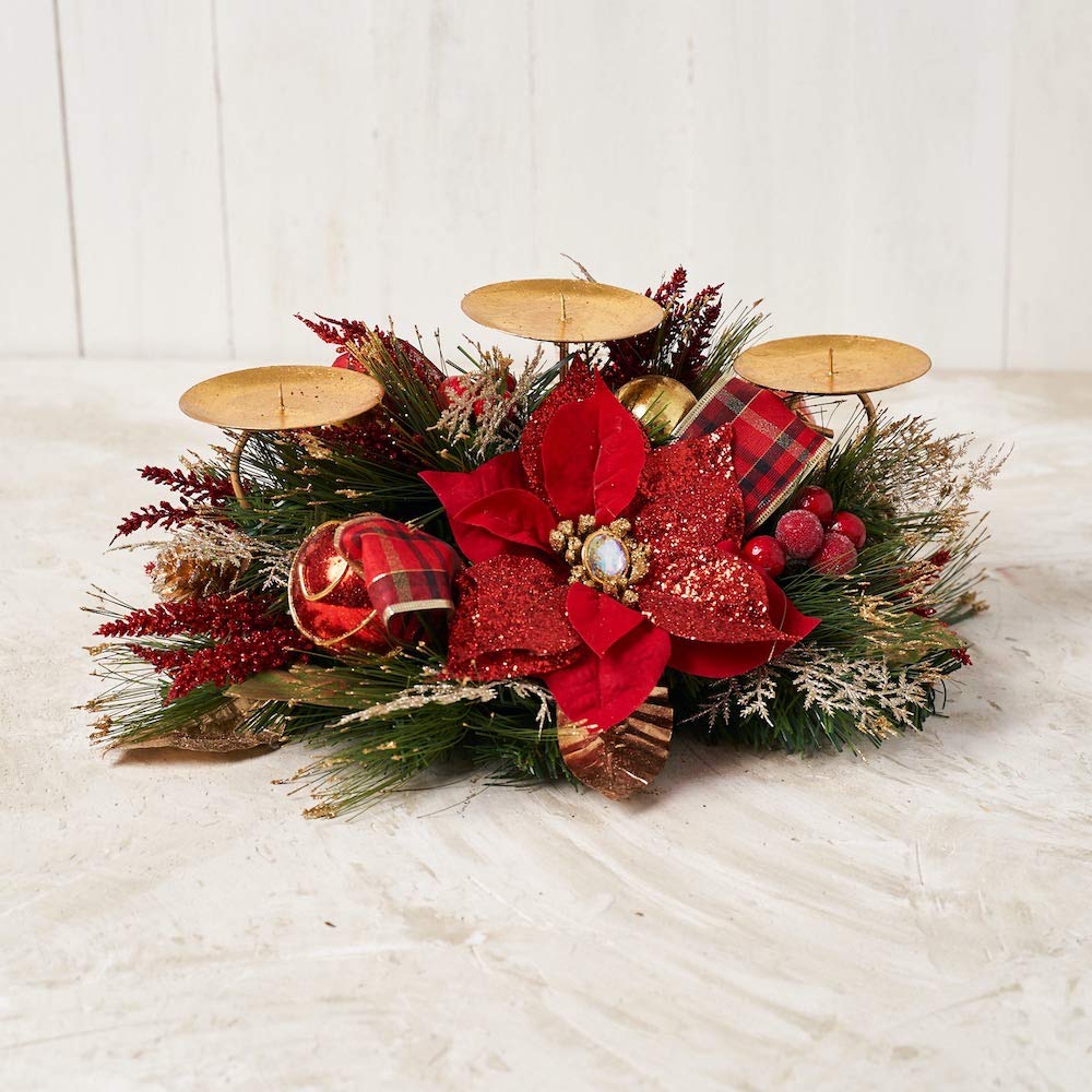 Christmas Candle Holder - Red Poinsettia Triple Candle Holder with Glitter, Faux Florals & Berries - Holiday Table Decor for Christmas Dinner, Mantel, or Festive Home Decor