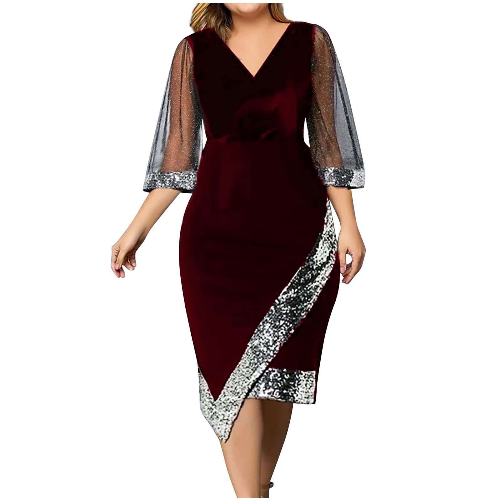 AMhomely Women's Casual V-Neck Sequin Mesh Dress - Elegant Half Sleeve Party Cocktail Dress for Evening, Club, Beach & Work | UK Ladies Fashion | Perfect for Night Out, Wedding Guest & Special Occasions
