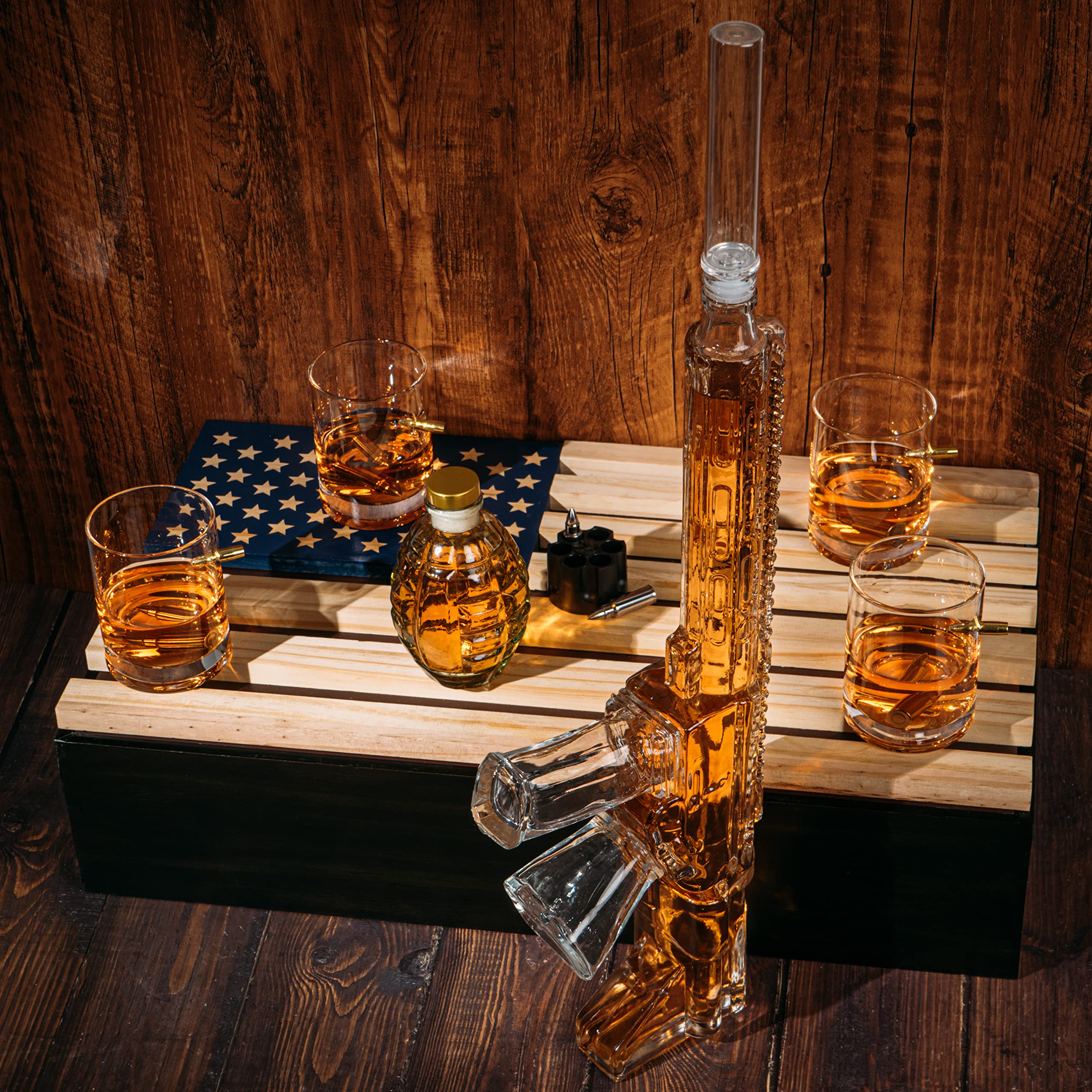 AR15 Whiskey Gun Decanter Set with American Flag Gift Box - 1000ml Capacity Includes Bullet Glasses & Chillers - Perfect Drinking Party Accessories for Army, Marines, Veterans & Gun Lovers - Ideal for Man Cave, Hunting Trips & Patriotic Celebrations