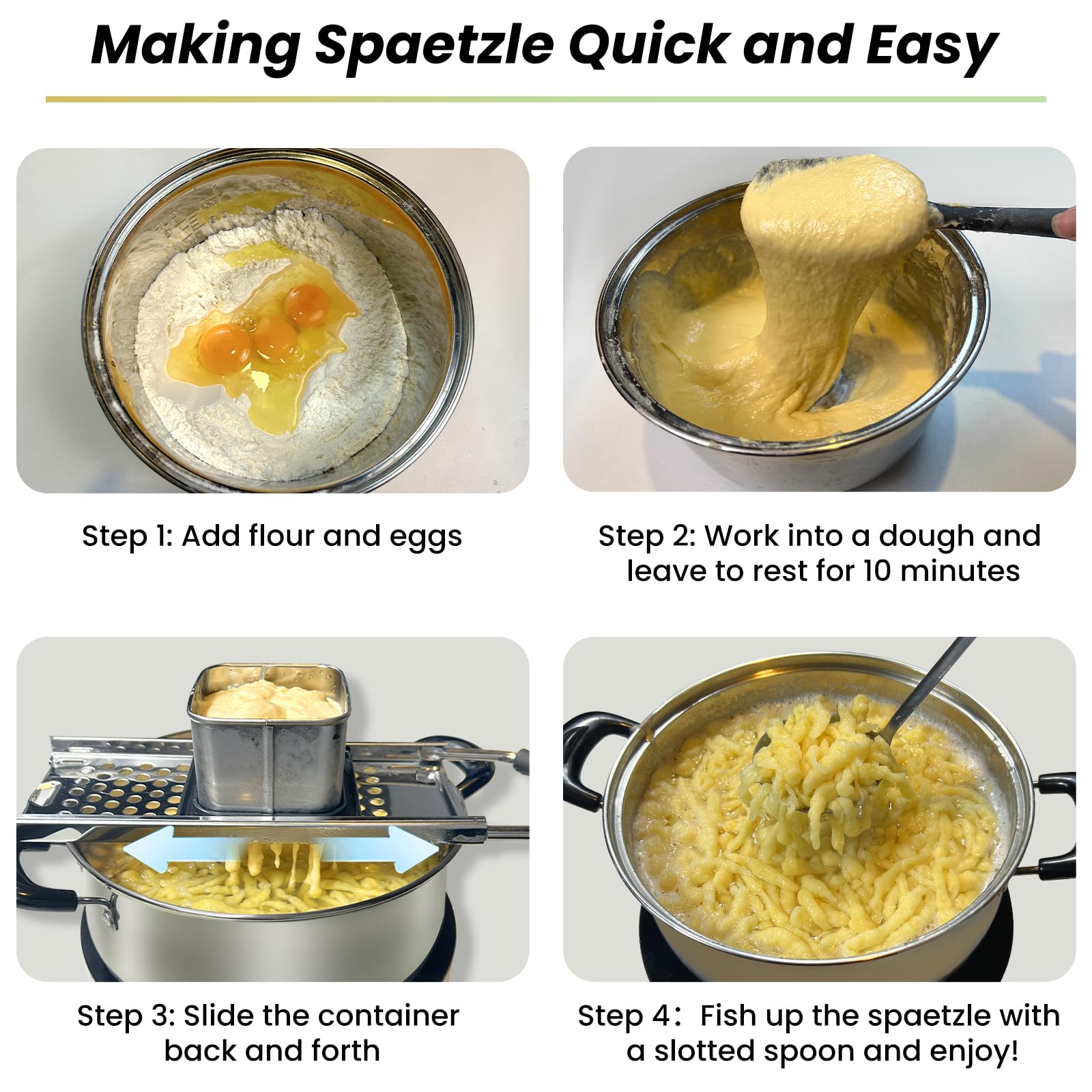Premium Stainless Steel Spaetzle Maker - Efficient Homemade German Spaetzle & Knoepfle Noodle Press with Comfort Handle, Dishwasher Safe for Pots Up to 30cm - Perfect for Authentic German Cuisine, Family Dinners & Pasta Lovers
