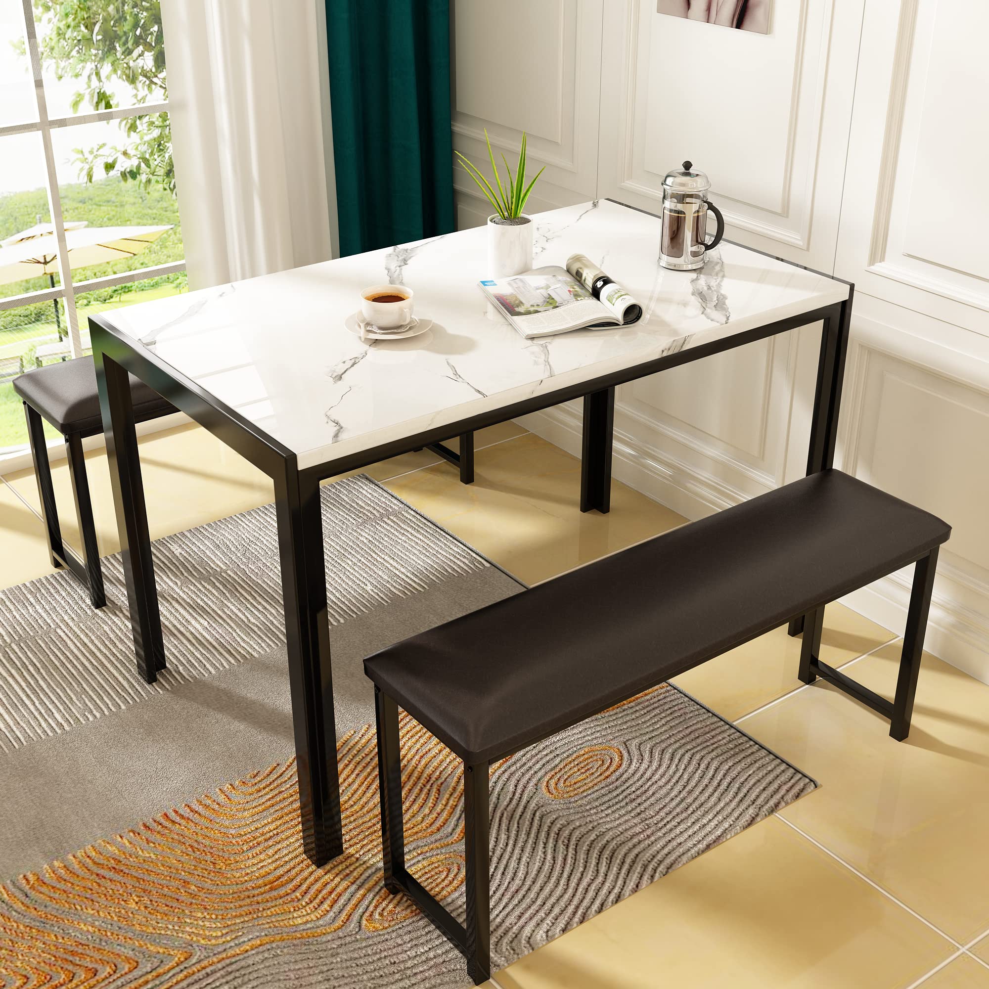 AWQM 3-Piece Dining Set - White Faux Marble Table & 2 PU Leather Benches for Small Spaces | Perfect for Breakfast Nook, Apartment, Kitchen & Compact Living Areas