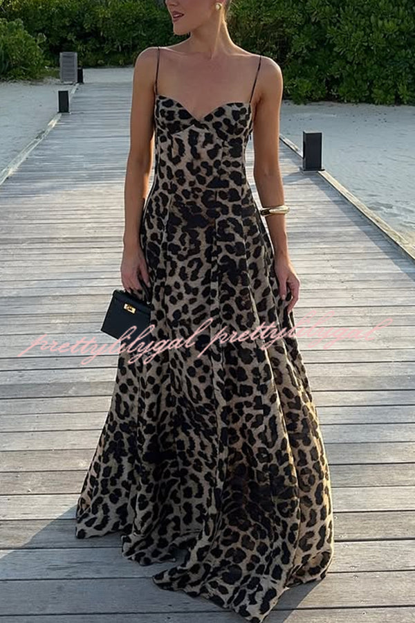 Elegant Leopard Print A-Line Maxi Dress with Waist Accent - Perfect for Maldives Vacation, Beach Wedding & Summer Parties