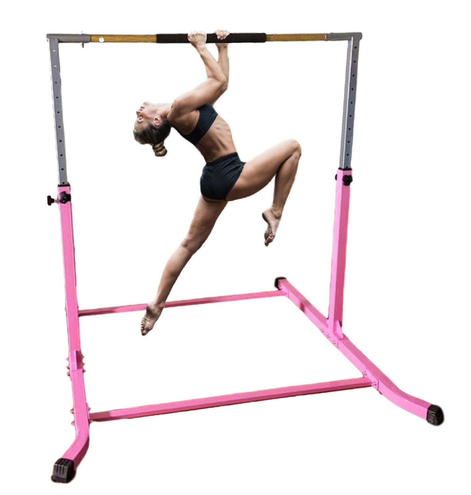 Professional Adjustable Gymnastics Training Bar - 13-Level Height (3-5 FT) with Cushioned Kip Bar & Curved Legs - Junior Horizontal/Asymmetric Bar for Home Gym (Pink) - Perfect for Kids' Gymnastics Practice, Strength Training & Indoor Fitness