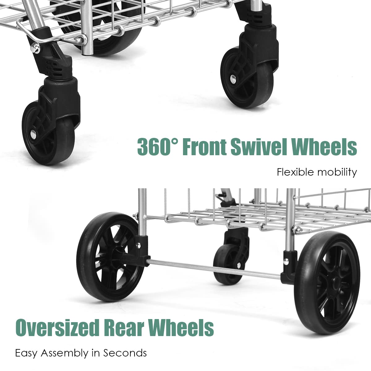 Byroce Utility Folding Shopping Cart - Lightweight Grocery Trolley with Handle, Swivel Wheels & Dual Storage Baskets - Perfect for Supermarket, Laundry, Books, Travel & Luggage (Silver)