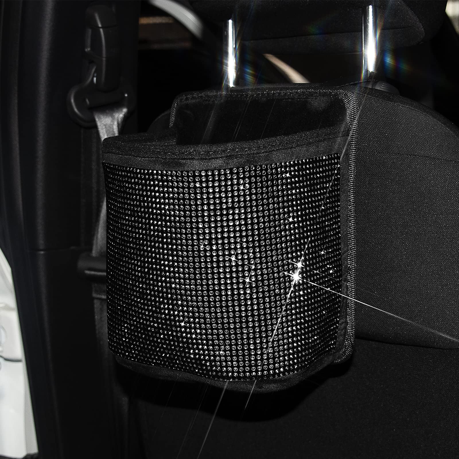 Premium Bling Crystal Car Seat Organizer - Front & Back Seat Travel Caddy Bag with Garbage Pocket - Diamond Car Accessory (1-Pack, Black) - Perfect for Road Trips, Commuting & Family Travel Organization