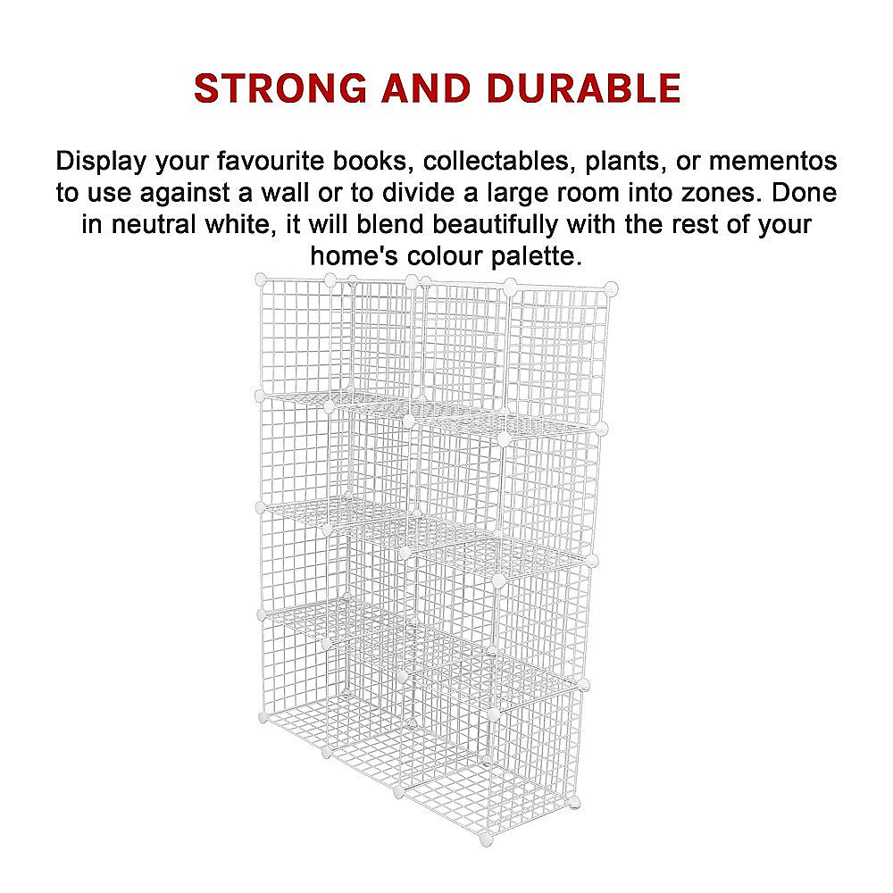 12 Cube Wire Grid Organizer Bookcase - White Storage Cabinet for Wardrobe, Closet & Home Organization | Perfect for Bedroom, Office & Living Room Storage Solutions