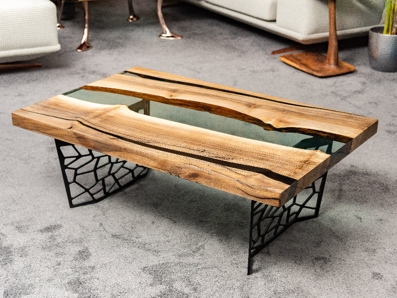 Handmade Custom Resin River Walnut Coffee Table - Modern Voronoi Design Collection for Living Room & Office Decor