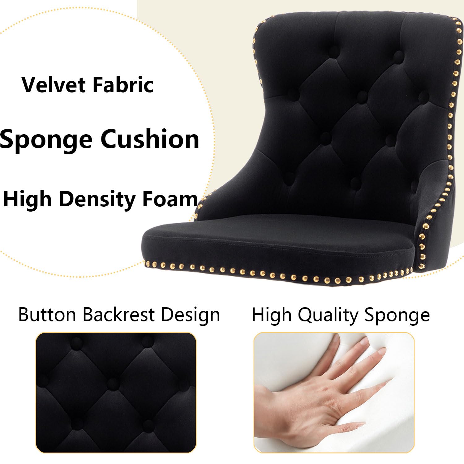 Gold Velvet Bar Stools Set of 4 - Swivel Counter Height Barstools with Nailhead Trim & Button Tufting - Adjustable Stools for Kitchen Island, Pub, Club - Perfect for Home Bar, Dining Room & Entertainment Areas (Black)
