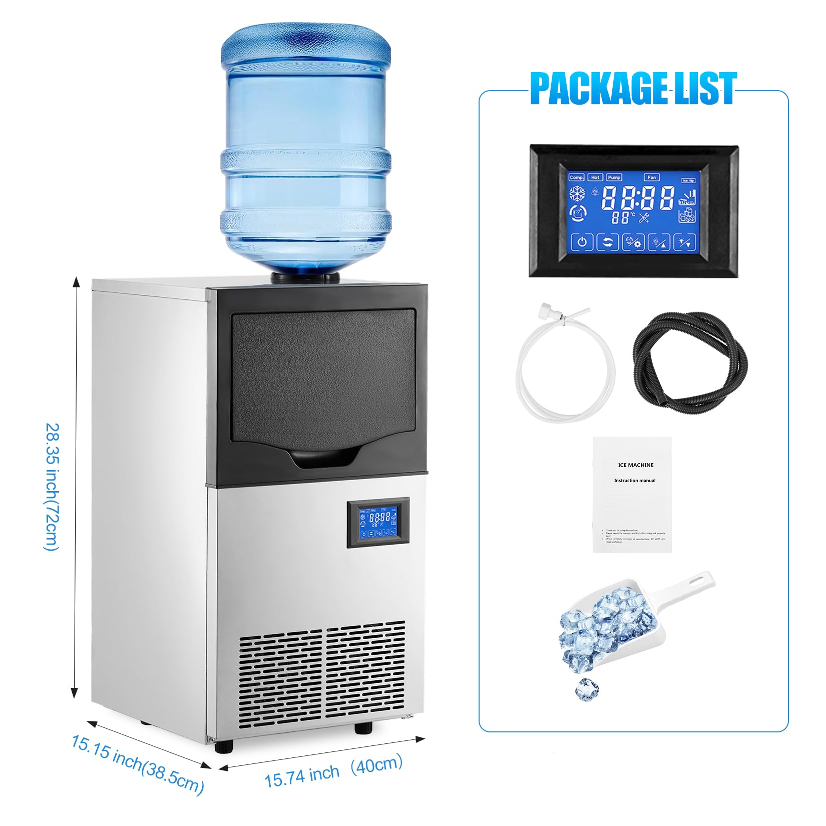 140LBS/24H Commercial Ice Maker Machine with 2 Water Inlets, Freestanding Ice Machine with 22 lbs Storage Bin - Includes Ice Scoop & Water Filter - Perfect for Home, Office, Restaurant, Bar, Cafe & Commercial Use