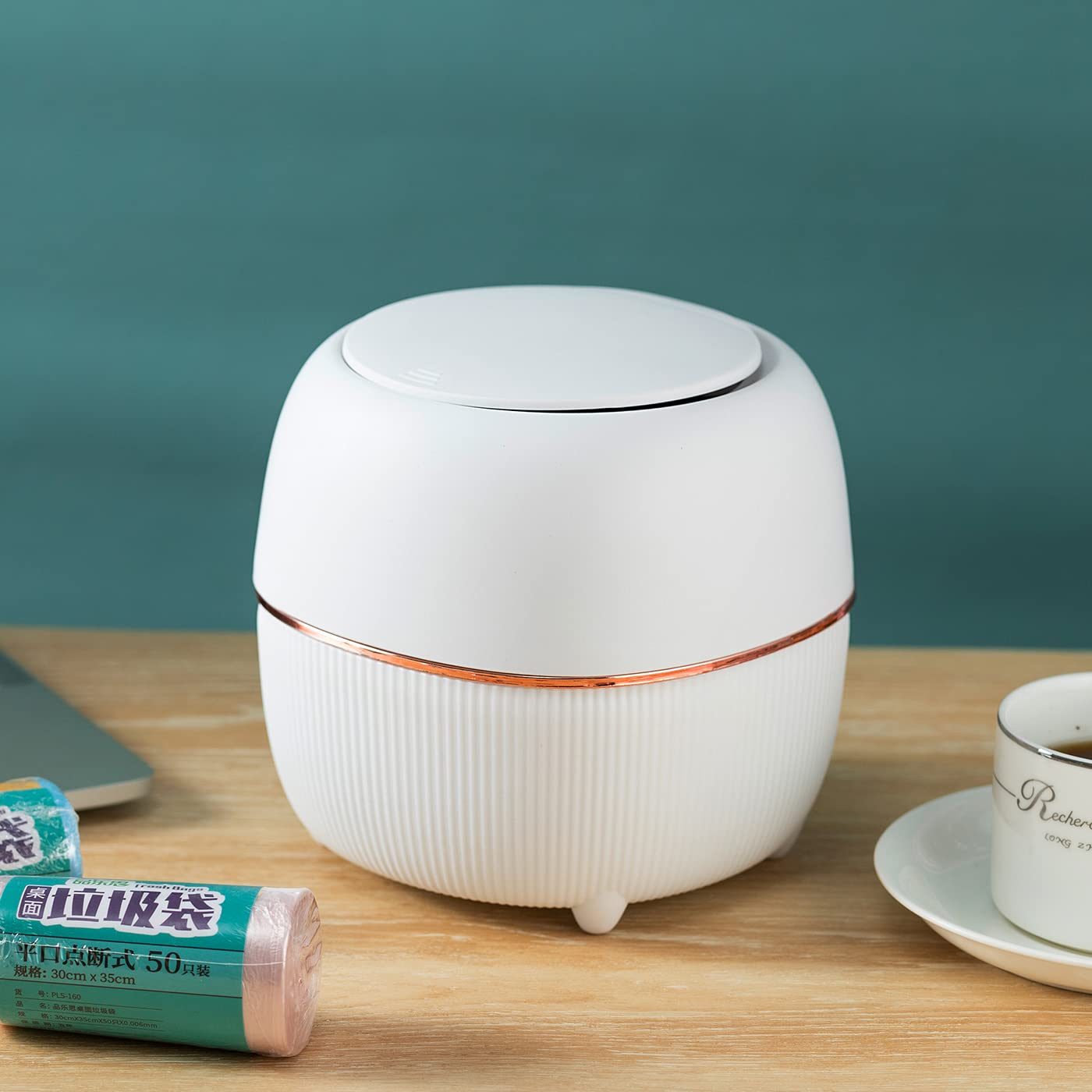Creative Mini Desktop Trash Can with Lid - Small Plastic Waste Bin for Home & Office - Includes 50 Trash Bags (White) | Perfect for Desk, Bathroom, Bedroom & Car Organization