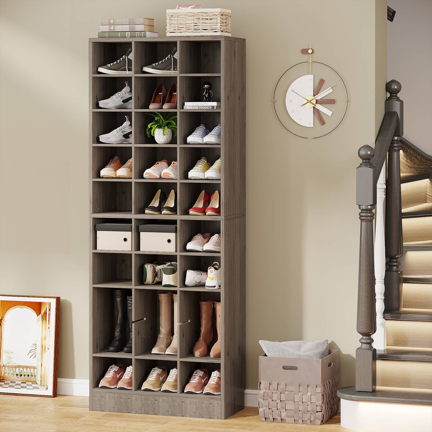10-Tier Wooden Shoe Storage Cabinet with 30 Cubbies - Space Saving Shoe Organizer for Entryway, Closet & Bedroom - Perfect for Sneakers, Boots & Sandals