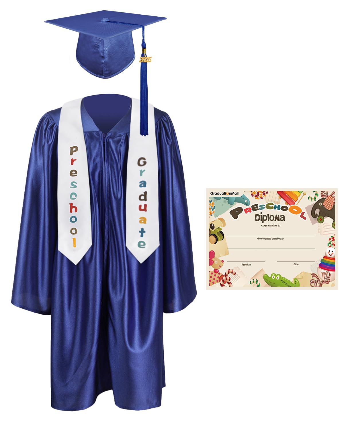 Preschool Graduation Cap Gown & Stole Set with 2025 Tassel & Certificate - Complete Kindergarten Graduation Outfit for Boys Girls - Perfect for Preschool Ceremony, Photo Shoot & Keepsake