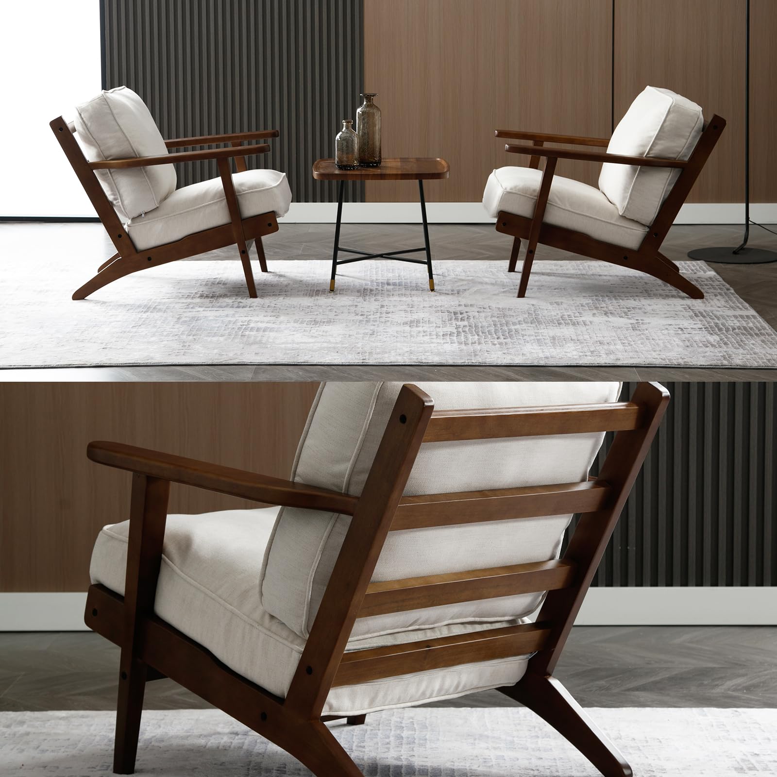 Mid Century Modern Accent Chair - Solid Wood Frame Upholstered Armchair for Living Room, Bedroom & Reading Nook - Elegant Beige Fabric Lounge Chair - Perfect for Home Office, Apartment Decor & Cozy Sitting Areas