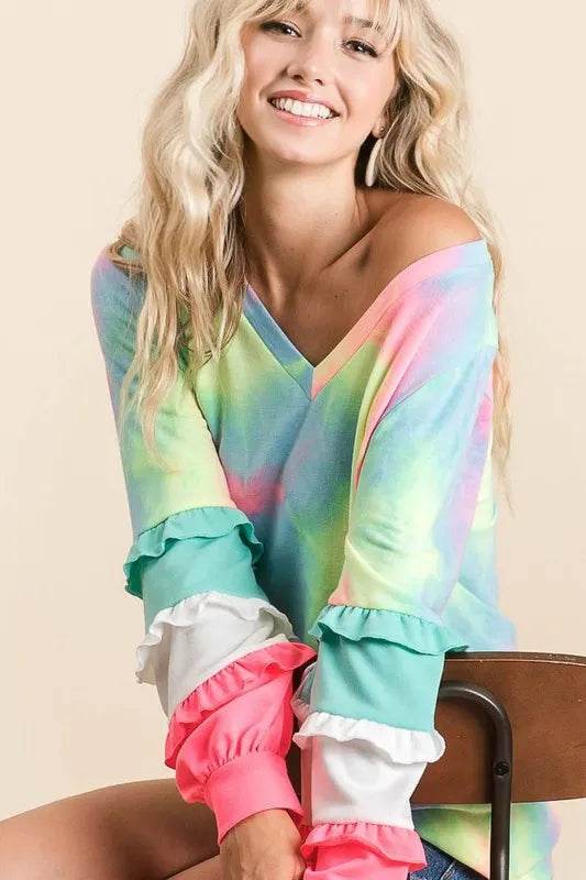 Stylish BiBi Tie Dye V Neck Tops with Color Block Sleeves for Women | Trendy Summer Casual Tee Shirts | Perfect for Beach Outings, Music Festivals & Everyday Wear