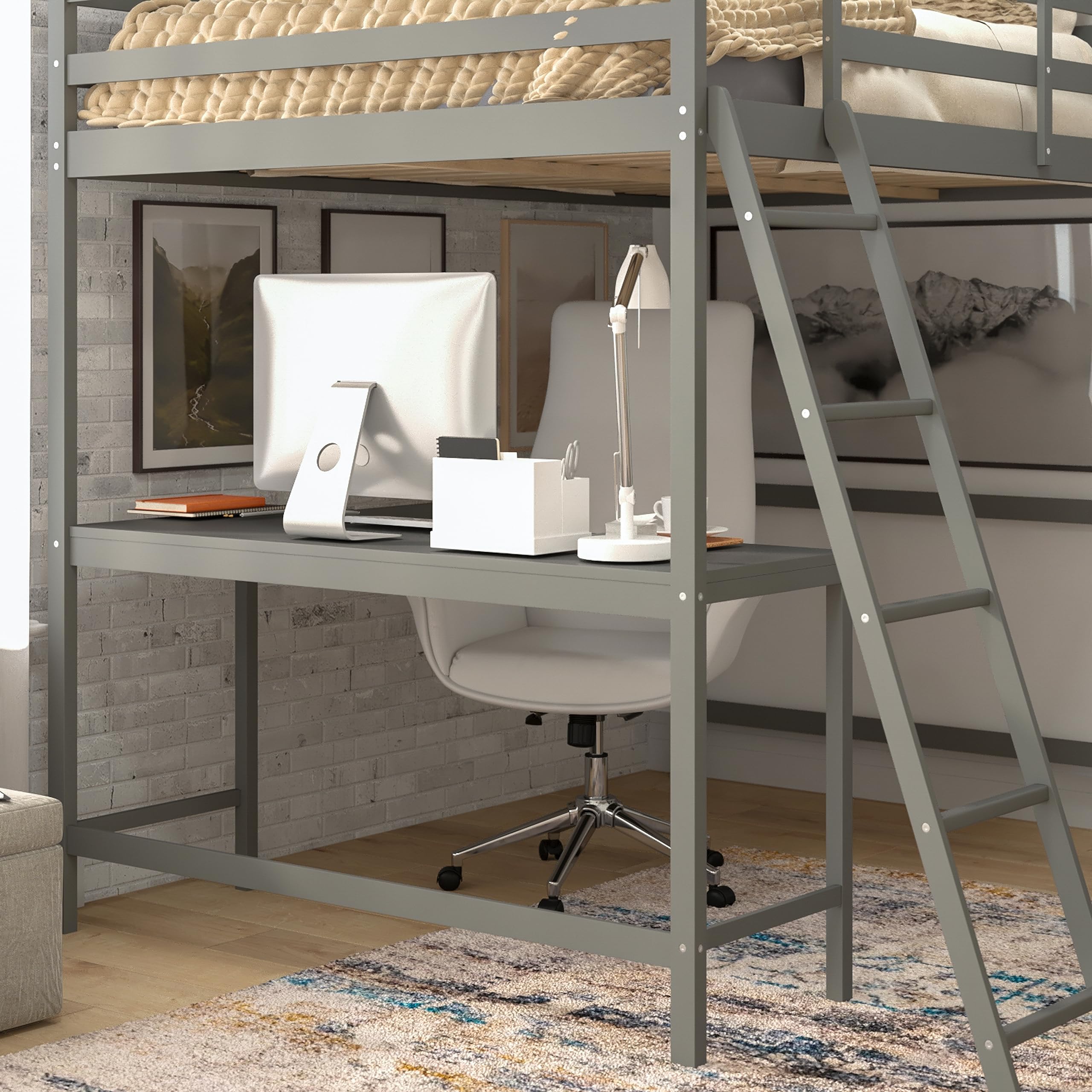 Full Size Loft Bed Frame with Desk - Light Gray Wood Slats, Protective Guard Rails & Ladder - Space Saving Design for Kids & Teens - Perfect for Small Bedrooms & Dorm Rooms
