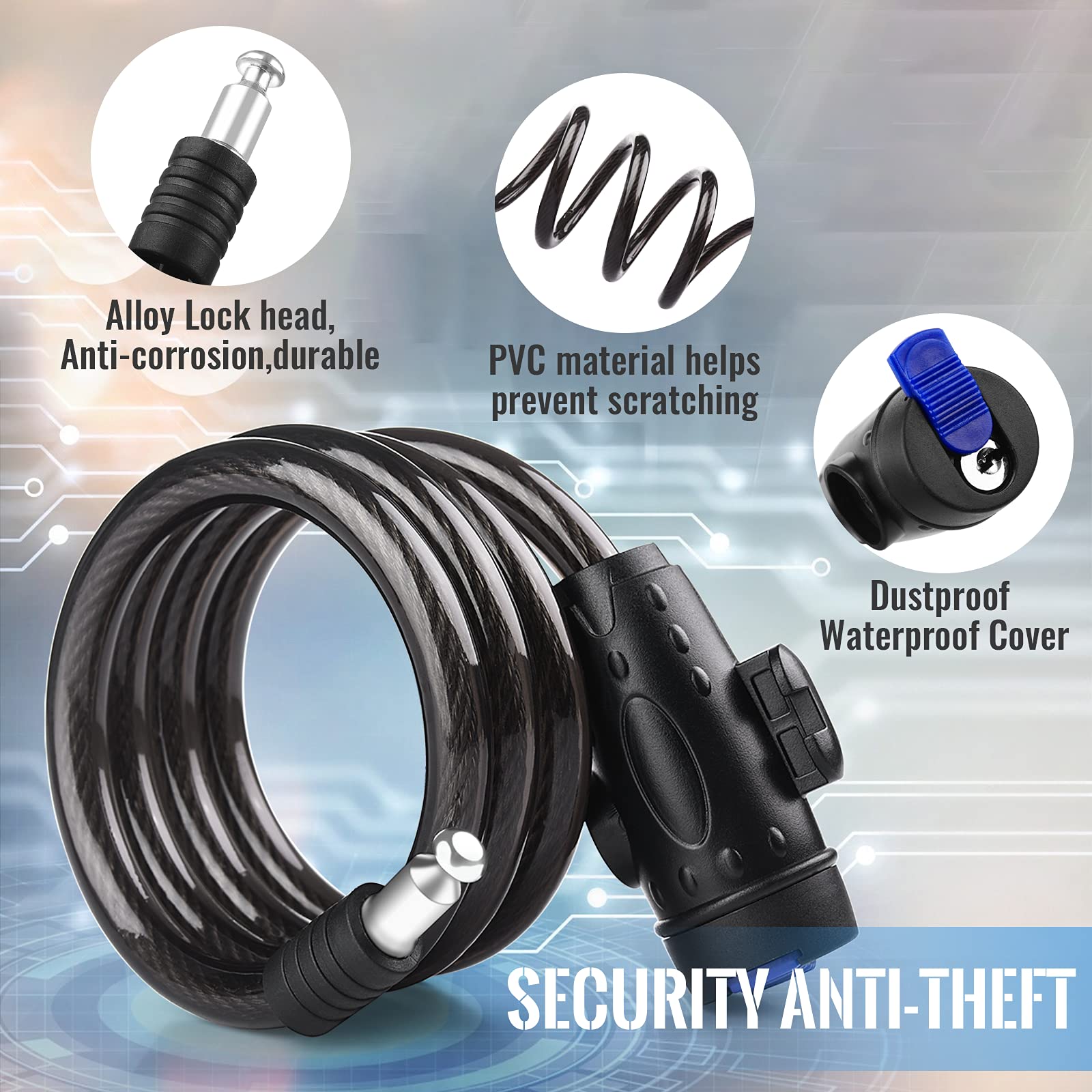 Diyife 4ft Heavy Duty Bike Cable Lock - 12mm Thick Steel Coiled Security Lock with Key, Weatherproof Bicycle Lock for Motorcycle Scooter & Skateboard - Perfect for Urban Commuting, Parking & Outdoor Adventures