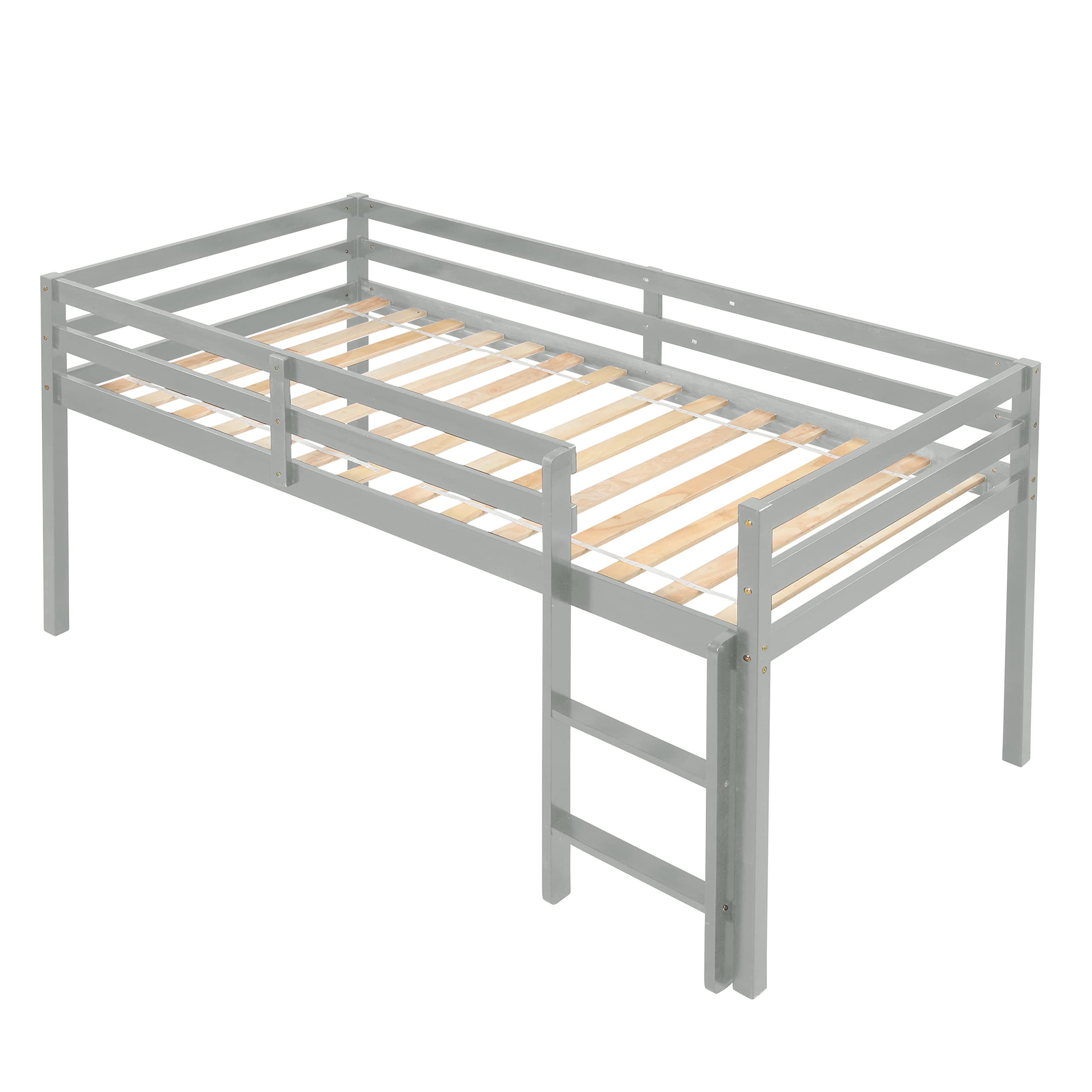 **Solid Wood Twin Loft Bed for Kids with Ladder & Guard Rail - Sturdy Low Bunk Bed Frame for Boys & Girls - No Box Spring Needed - Easy Assembly (Grey) - Perfect for Small Bedrooms, Dorms & Kids' Rooms**