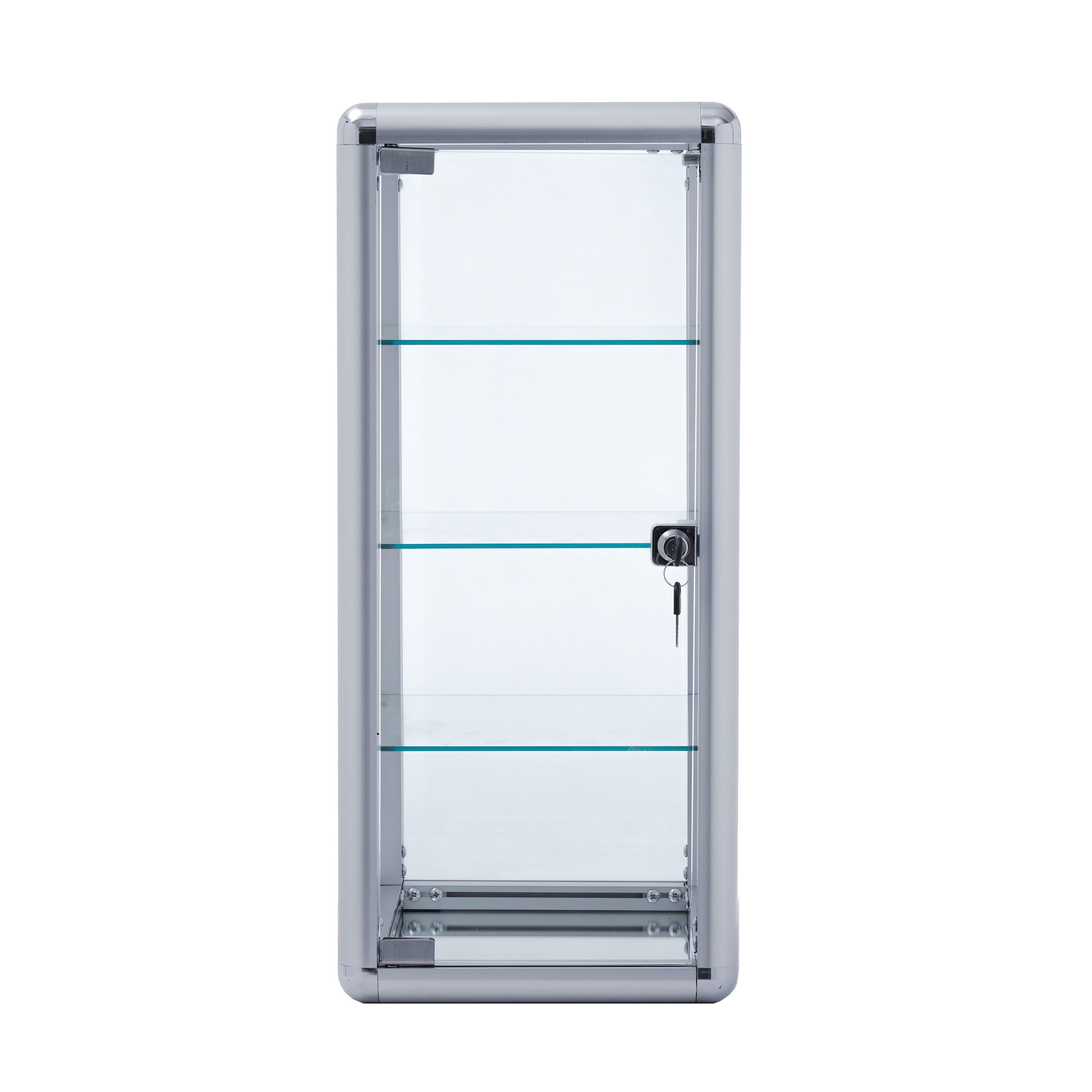 4-Tier Tempered Glass Display Case with Sliding Door & Lock - Silver Aluminum Frame Countertop Showcase (12