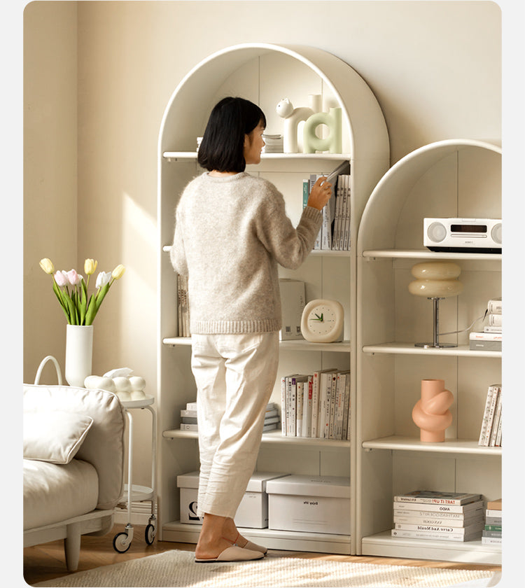 Solid Poplar Wood Arch Bookcase - Display Cabinet & Bookshelf in Cream for Living Room, Bedroom & Office Storage