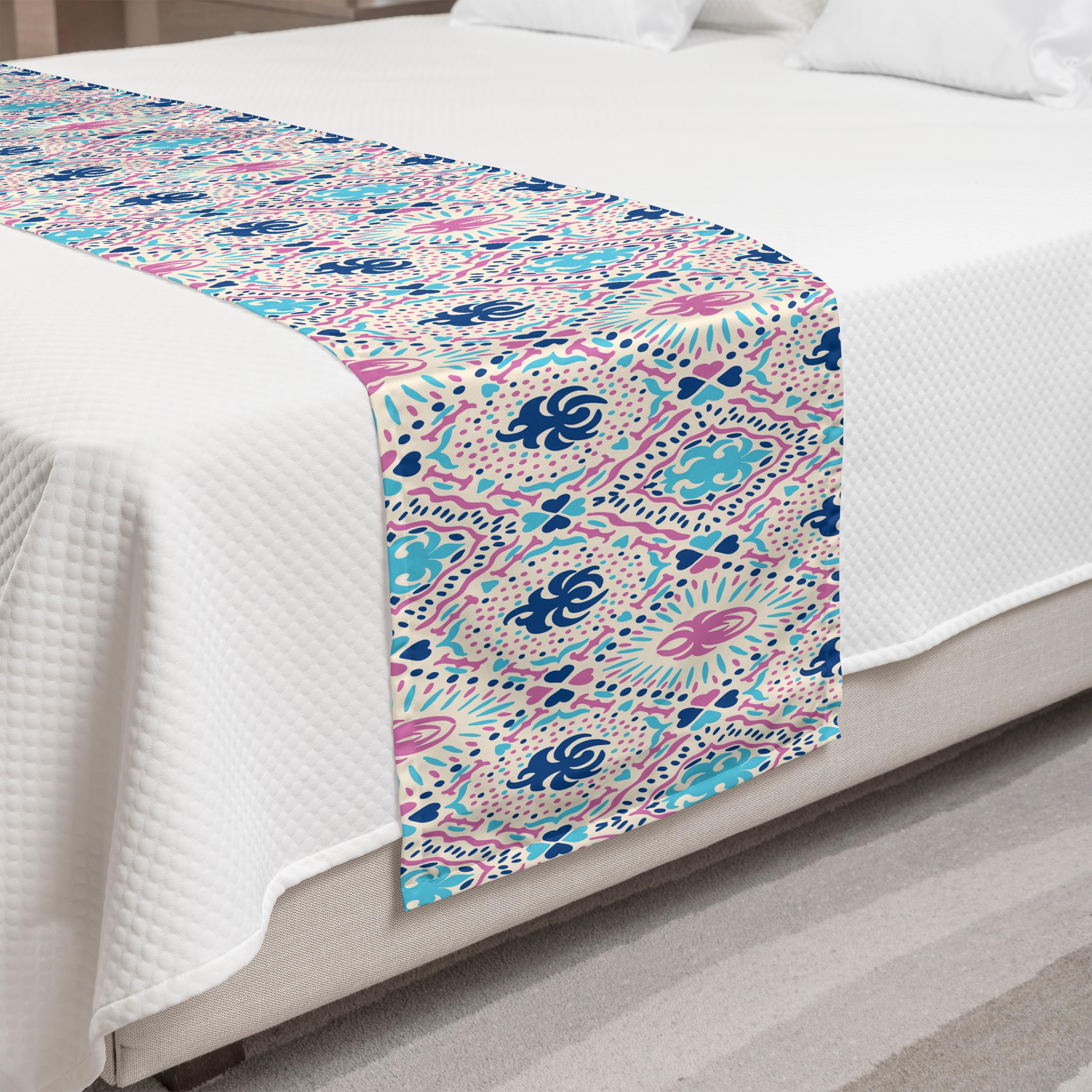 Ambesonne Abstract Bed Runner - Ornamental Hearts & Polka Dots Design, Decorative Bed Scarf for King Size Beds, Sky Blue & Pink - Perfect for Hotels, Homes & Guest Rooms | Adds Elegance to Bedroom Decor