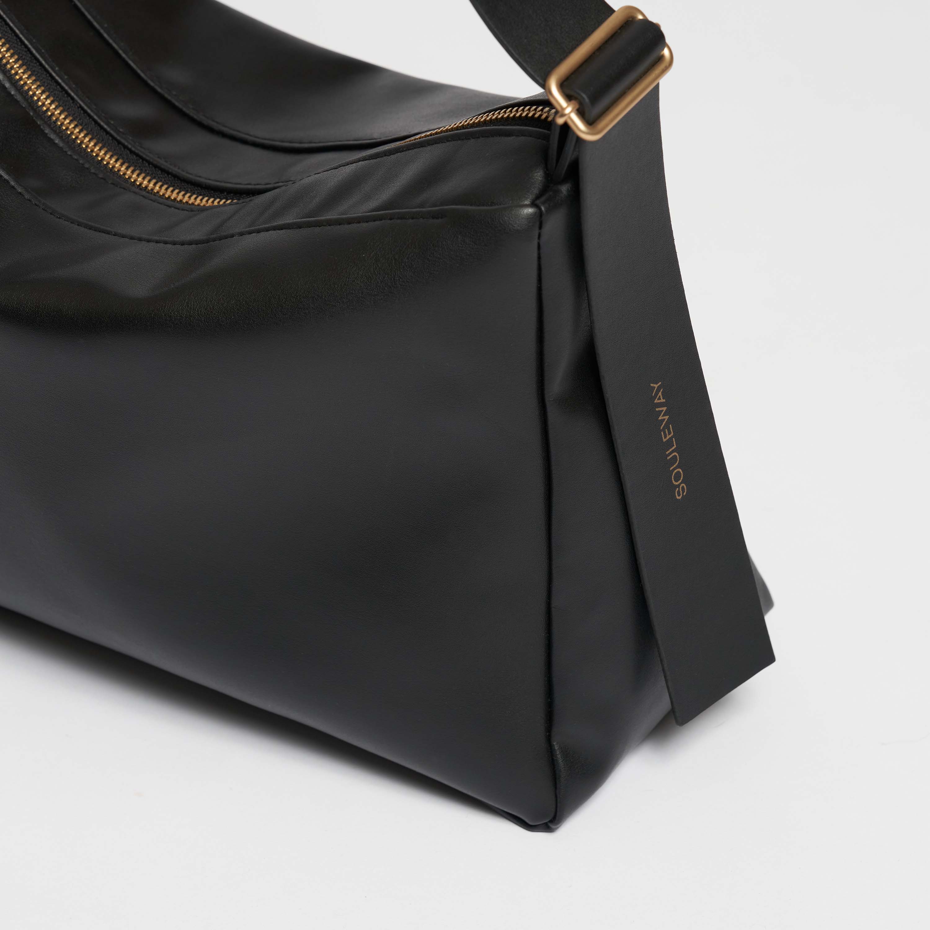 Oleatex Vegan Olive Leather Slouchy Shoulder Bag - Night Black | Eco-Friendly Women's Handbag for Work, Travel & Everyday Use